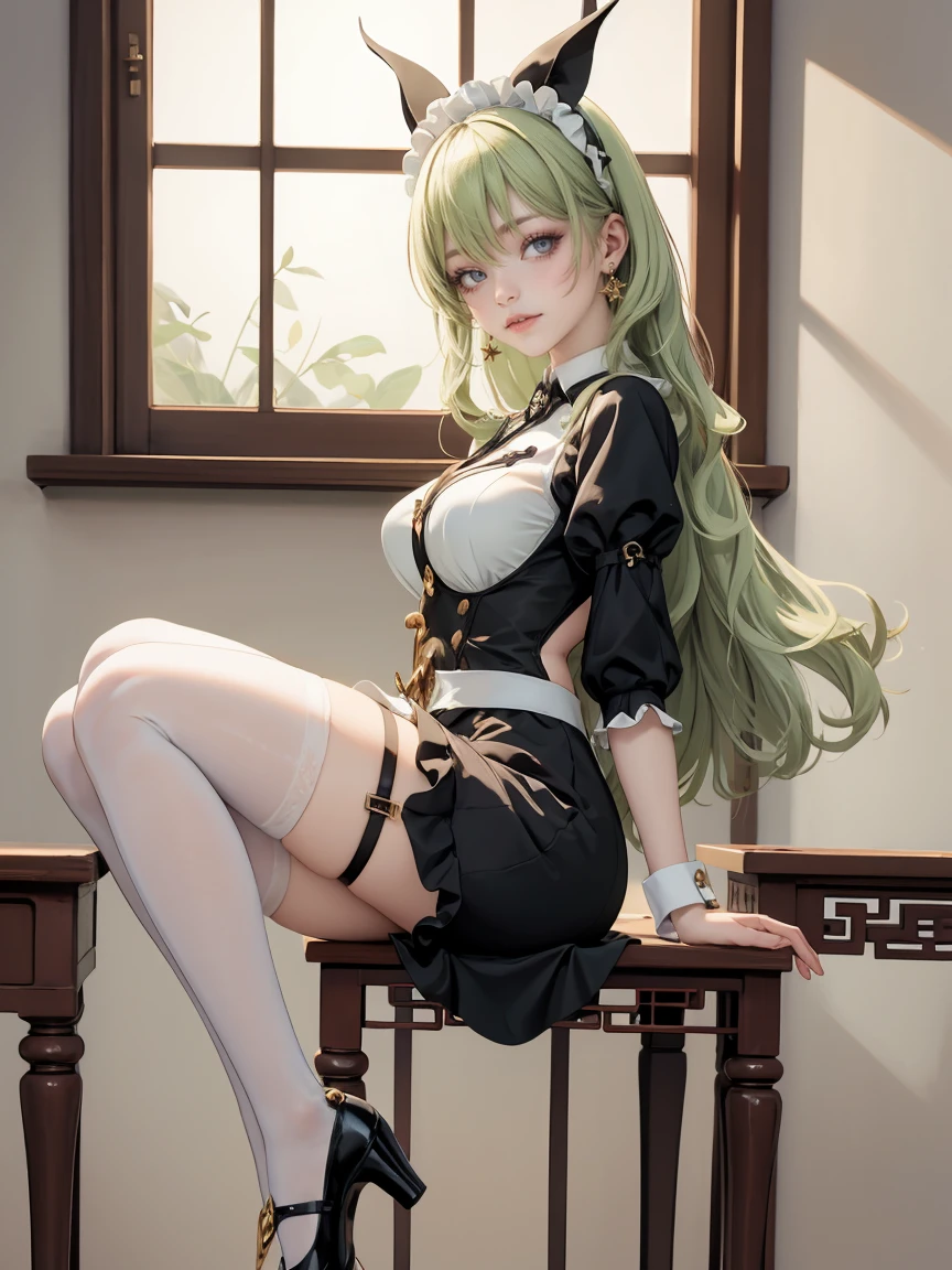 3DMM Style, (masutepiece, Best Quality), Intricate details, 1girl in, Solo, Green hair, flower hair clip, Green dress, Looking at Viewer、Full-body figure、simple background、Standing、(skirt rift)、(Skirt lift in high winds)、(Lace pantie)、((all lace panties))、Detailed lace panties、(I can see my panties)、((The pants are quite transparent))、((Through the pantiesオマンコ))、Very realistic body、(extremely lifelikeオマンコ)、 Through clothes