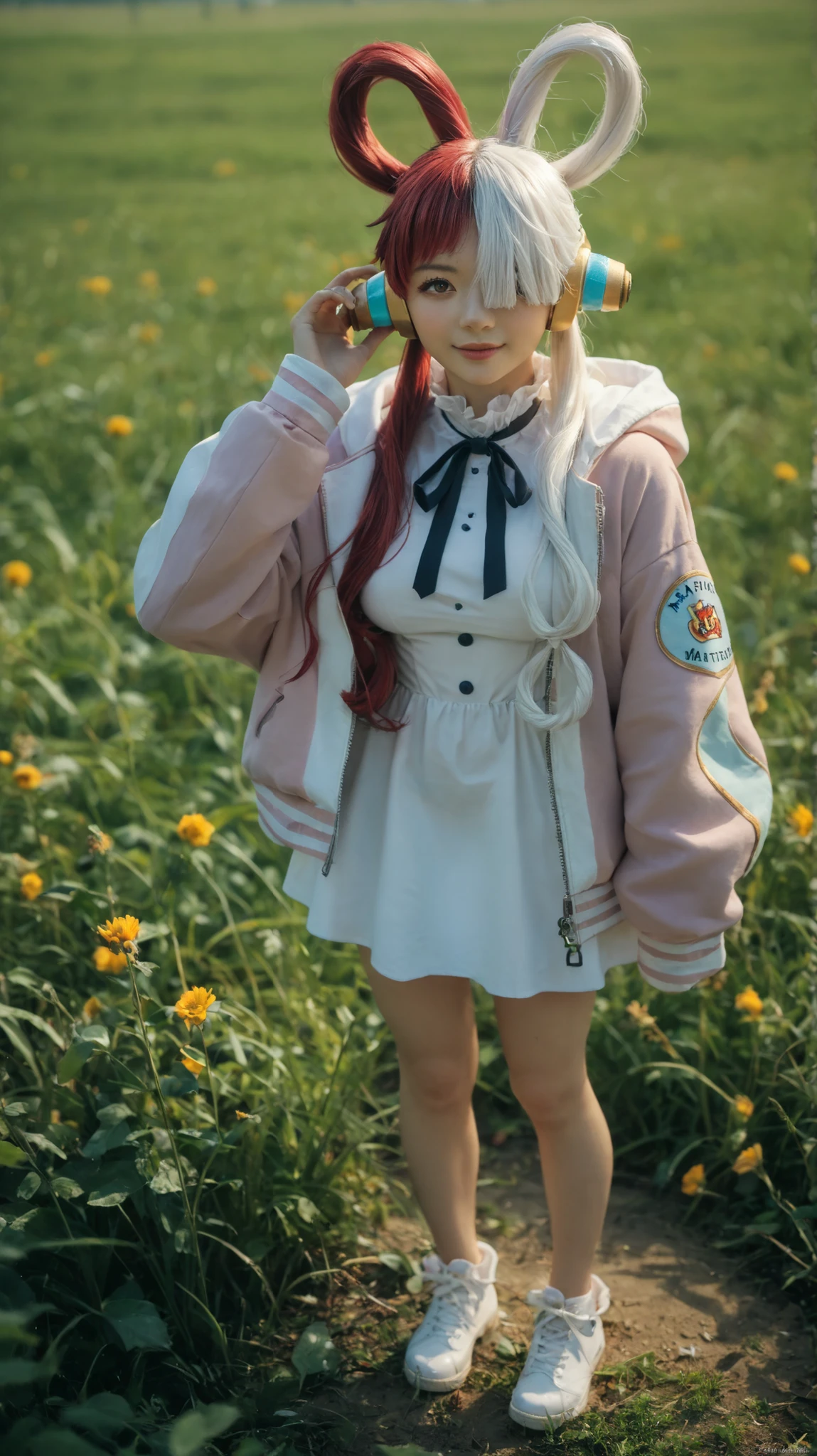 best quality, masterpiece, 1girl, aauta, long hair, split-color hair, hair rings, twintails, headphones, hair over one eye, one eye covered, purple eyes, breasts, neck ribbon, white dress, hooded jacket, multicolored jacket, open jacket, long sleeves, sleeves past fingers, wariza, field, shoes, white footwear, :o,,  asian, cute, beautiful, (21 years old)
