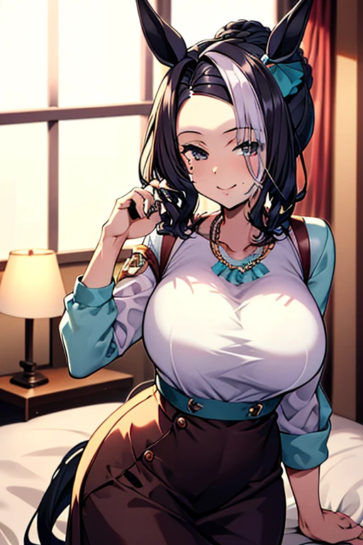 masterpiece,ultra detailed,1woman,off-the -shoulder short summer blouse,pattern skirt,standing,at tokyo,curvy body,medium tied up hair,black hair,(tareme),happy smile,oval face,make up,mature cheerful woman,green eyes,