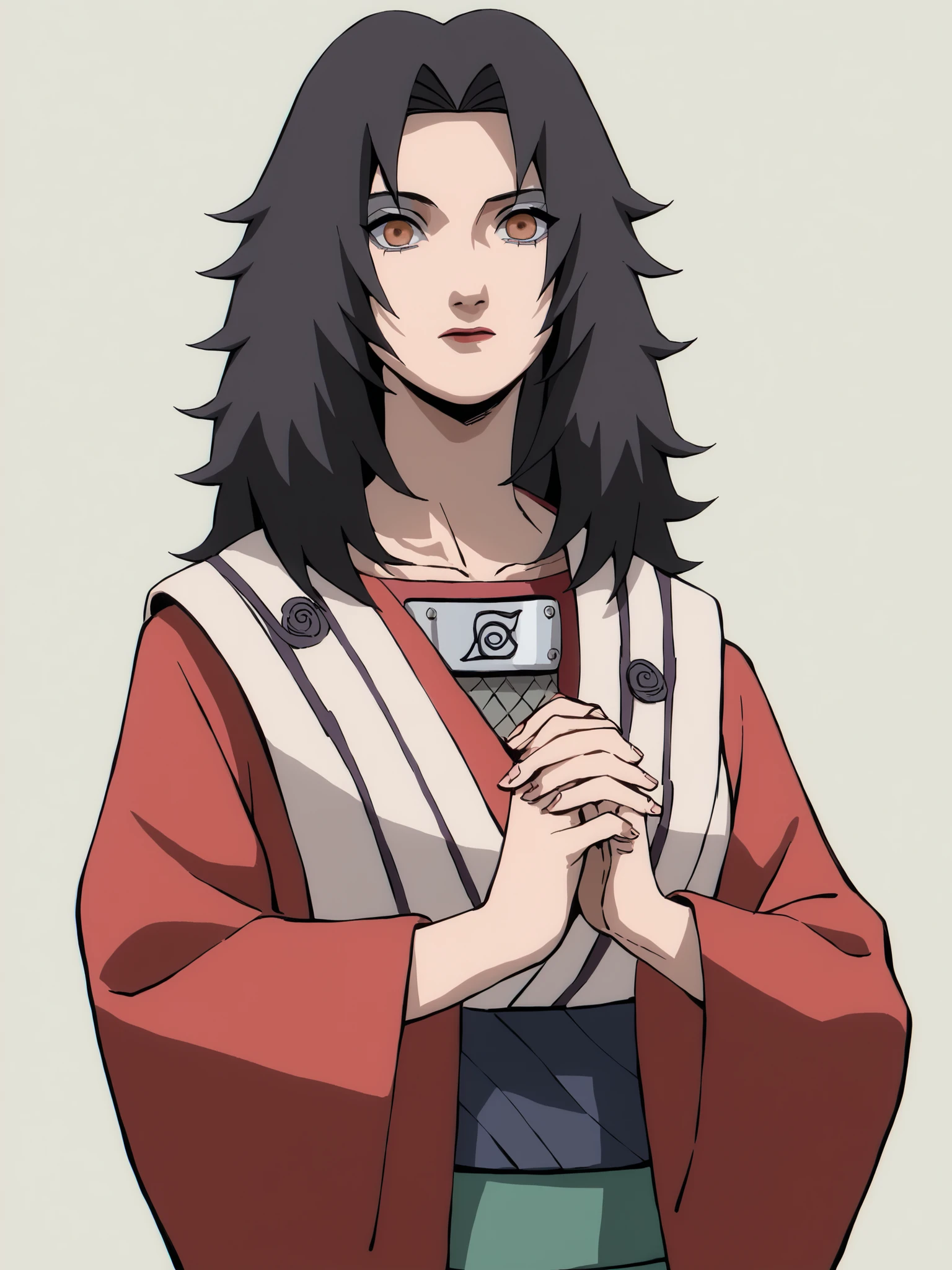 masterpiece, best quality, high resolution, Anime style, Kurenai as she appears in 'Boruto: Naruto Next Generations', A character in a vibrant, flowing kimono sits cross-legged on a plush green cushion, the warm background radiating a soft golden hue. The long, dark hair cascades down, Red iris,sharingan eyes, framing the serene expression on their face as they gently clasp their hands together in meditation. The intricate patterns of the kimono showcase rich red and gold colors, signaling a moment of calm and introspection in this tranquil setting.