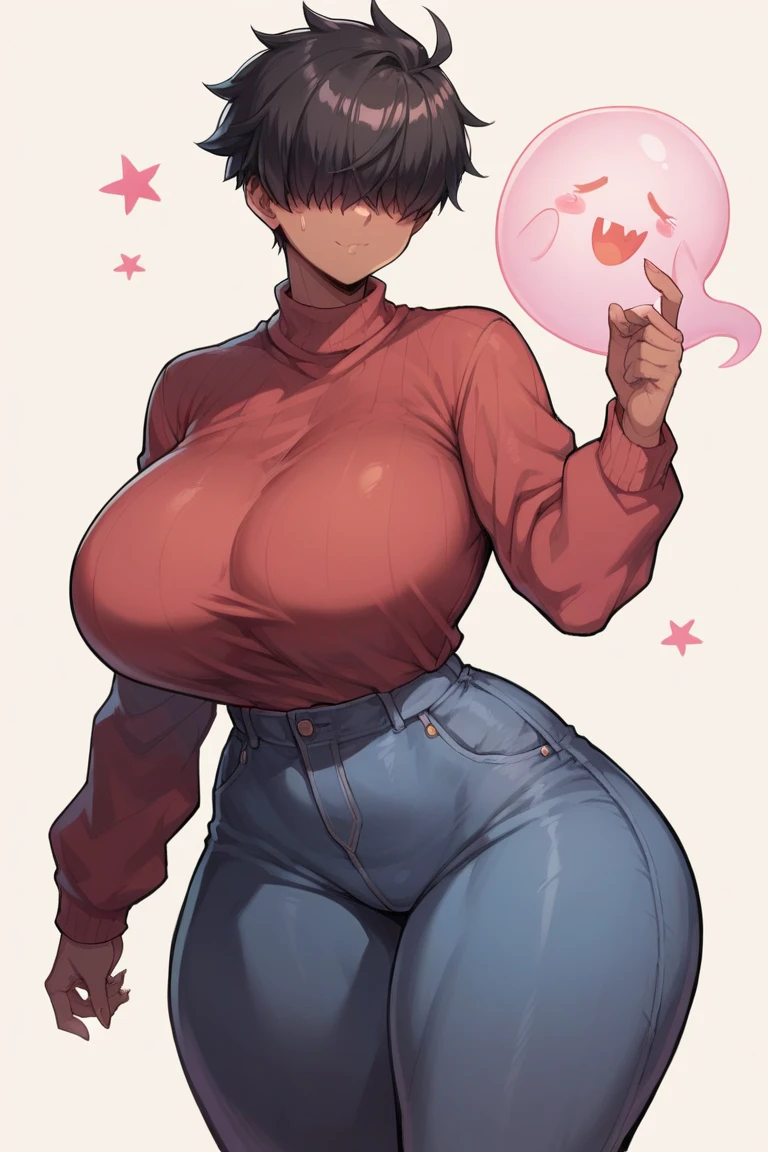 GtsGiga,Rampage,Gtscity,cityscape,clouds,short hair,purple hair,red demon horns,curvy,mom jeans,sweater,milf,heart shaped cutout,menacing aura,smug,grin,sneakers,heart shaped tail,plump,hourglass figure,red eyes