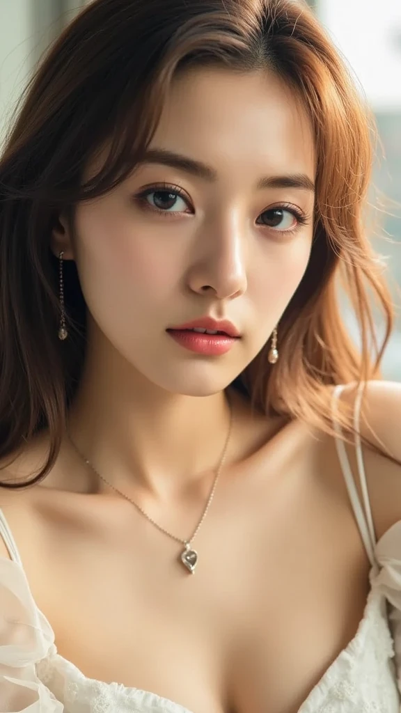 (top-quality,8K,masterpiece),Japan model posing in trouble,Bewitching beauty,Colossal tits,Inviting look,(A detailed eye,Detailed lips,Detailed nose),Precision necklace,gyuru,Jewel Earrings,Painted on the waist,Cinematic,a wet body,wetting hair,Turtleneck Swimsuit,