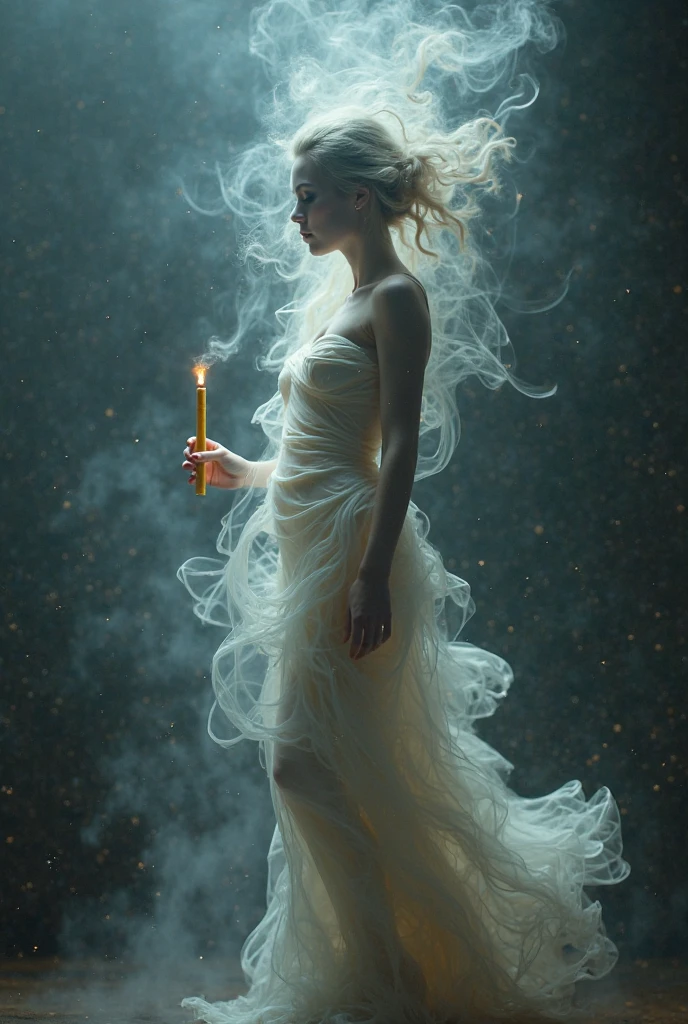 A girl with long white hair standing upright wearing a crop top with a silver neckline,a silver glove and a long silver latex skirt,I want the black background and her holding a rose on fire,I want the floor with water and white rose petals in the water 