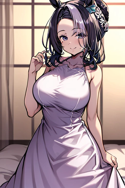 Best quality, high detailed, 8K quality, 4k resolution, stunning japanese girl, short hair, necklace and piercing, gorgeous face, huge breast, curvy body, wearing Erotic Chic Midi Dress: In a solid color or subtle pattern, paired with heeled sandals, playful expression, pose with both hands, random hairstyle