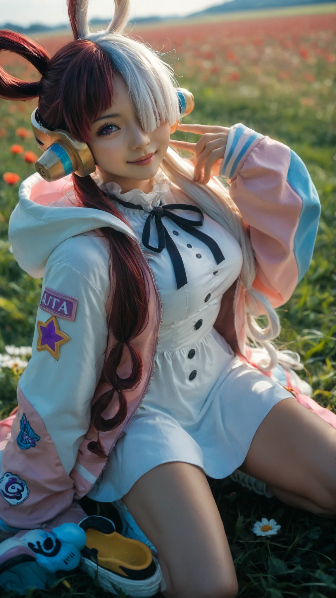 best quality, masterpiece, 1girl, aauta, long hair, split-color hair, hair rings, twintails, headphones, hair over one eye, one eye covered, purple eyes, breasts, neck ribbon, white dress, hooded jacket, multicolored jacket, open jacket, long sleeves, sleeves past fingers, wariza, field, shoes, white footwear, :o,, asian, cute, beautiful, (21 years old)