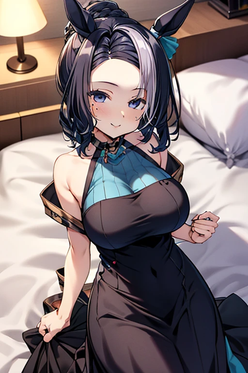 masterpiece, best quality, 1 solo girl, black hair, blue eyes, long hair, medium breasts, sexy body and face, wavy hair, smile, sleeveless shirt, scarf, black thigh-high, mini skirt, pendant, bracelet, jewelry, earrings, feather hair ornament, book, lying at the bed, night, sexy pose, cowboy shots, detailed body, face, and eyes, sharp focus, vibrant, creative, dynamic, high definition, high resolution, 8k, (Upscale: R-ESRGAN 4x+ Anime6mage enchance:4x), voluptuous body, cinema lightning, dakimakura style, looking at the viewer,