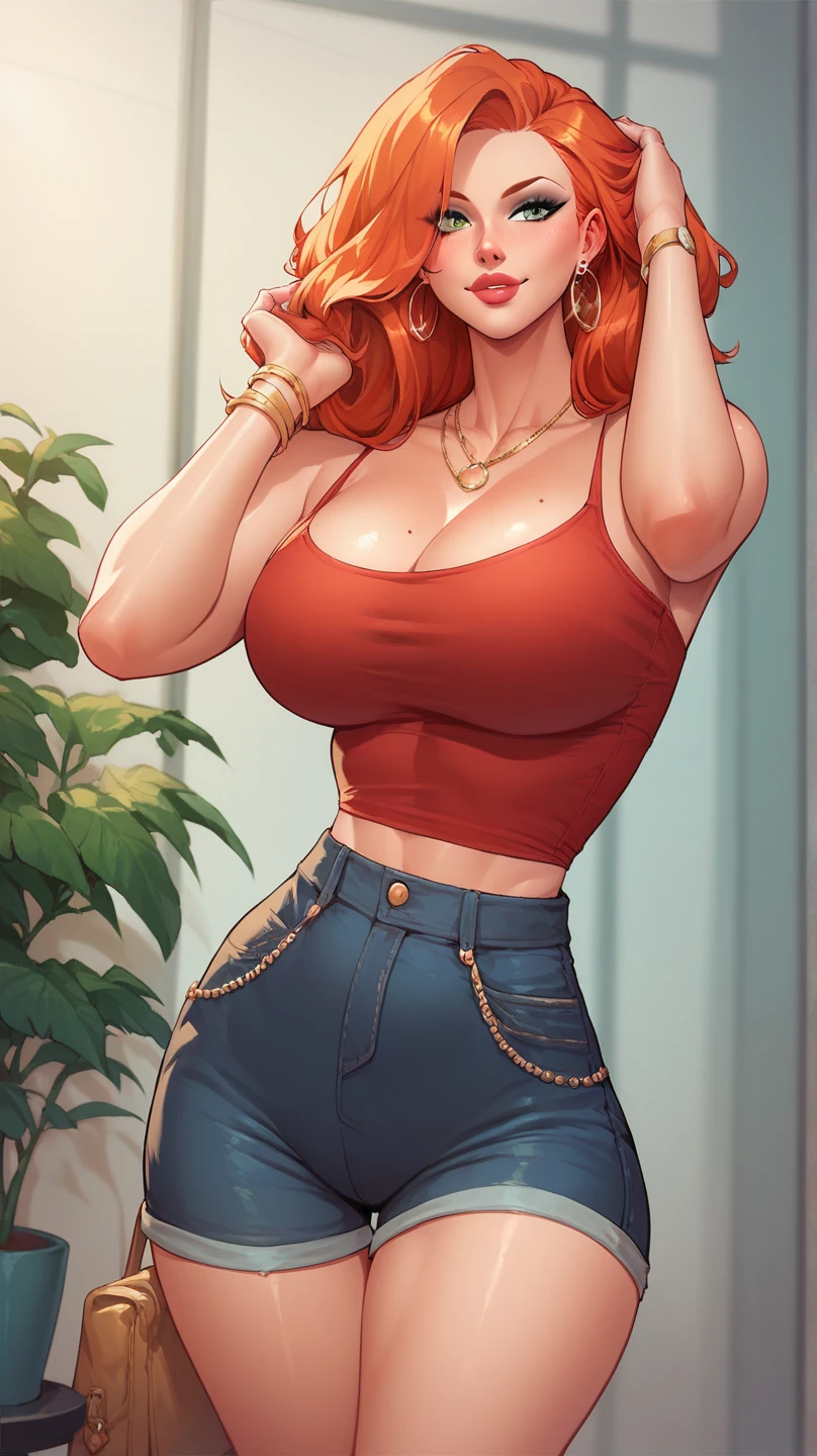 Cute sexy shy woman with thick long messy curly orange hair with glasses with tattoo blushing with bright earrings with thick thighs and big chest in sexy position taking off sexy black bikini in tight jeans with a comb over standing in bedroom at night with dropped jaw with butt out awkwardly laughing with eyes closed acting shy