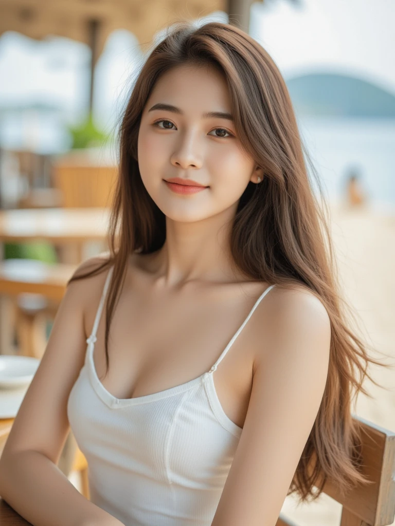ulzzang-6500-v1.1, (RAW photo:1.2), (Photoreal), beautiful detailed girl, (genuine: 1.4), (muste piece), 1 girl, photo model, smile, focus on the audience, beautiful lighting, highest quality, masterpiece, ultra high resolution, realistic, black hair, short tank top, shorts, (super realistic pantyhose:1.3), (super realistic stockingedium breasts, white skin,( sunset background:1.4), full body shot:1.2