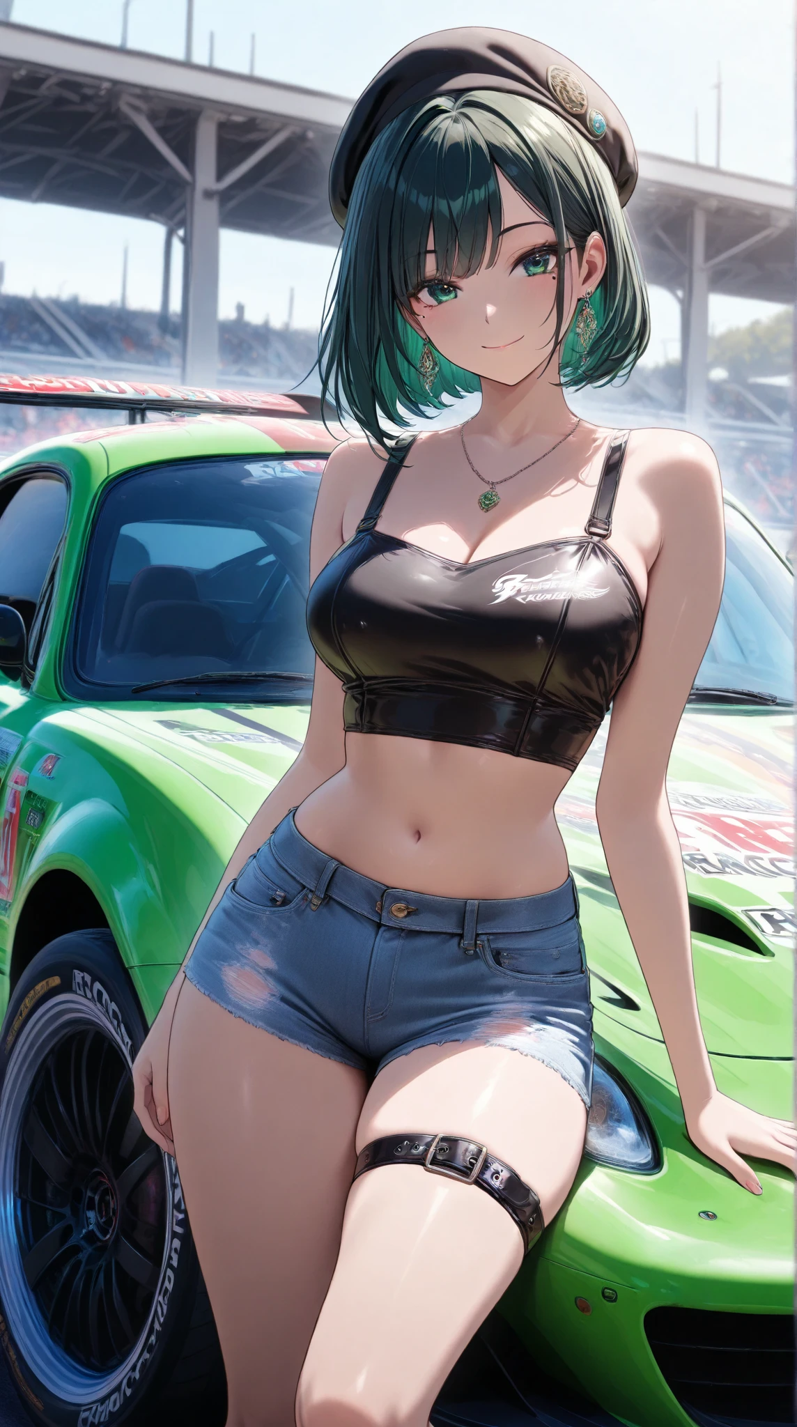 an asian woman with nice tits laying on her knees getting fucked, 1girl, masterpiece, best quality, ultra-detailed, unity 8k wallpaper, perfect anatomy, novel illustration, full color, (1girl,18 years old, dark green very short hair, dark green eyes, athlete, marathon runner, tan, sunburn, sky blue tank top, hot pants, laugh), drives, (SUZUKI Jimny:1.2), in mountain path, nipples, solo, breasts, nude, navel