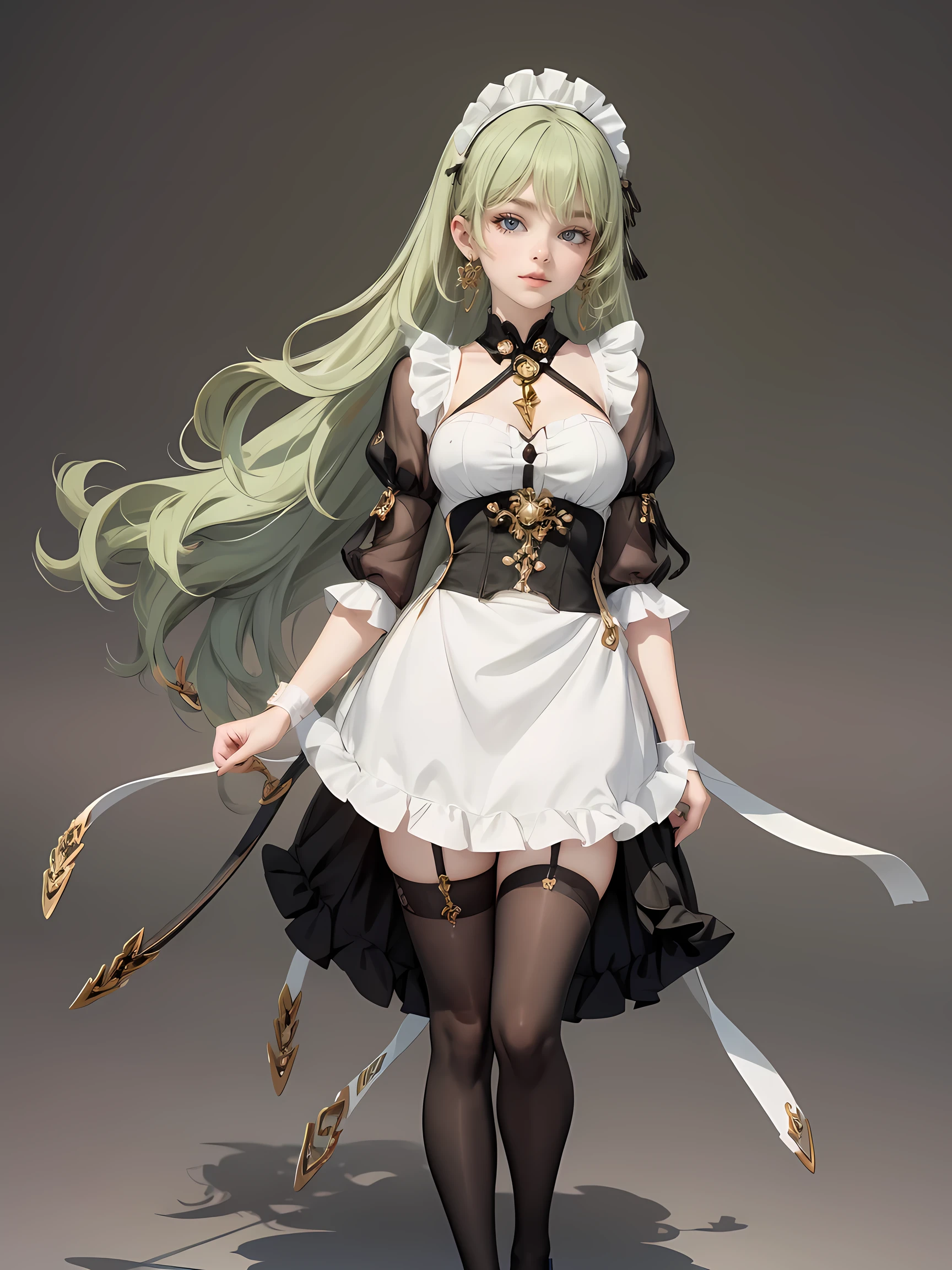 1girl, green hair, harness, white dress, chinese maid design, solo, buns hairstyle, symmetrical gloves, high socks, flare socks, harness, chinese maid dress, v neckline, garter on the legs, stand up, black apron, maid dress, chinese maid, chinese aesthetic, thigh gap, tassel, harness, very long hair, solid background, chinese maid uniform, full body, too many frills in her dress, magical girl, perfect anatomy, wearing a maid outfit with black and white color scheme, corset-style top, puffed sleeves, and a short ruffled skirt, stockings with garter belts, black shoes, arm accessories, gold jewelry, harness, jewelry, Cute pose, beautiful buns hairstyle, tassel, glow eyes, long hair with buns and bangs, high thigh, frills, harness, chinese maid uniform, chinese maid dress, black apron, garter on the legs, perfect legs, gold jewelry, solid background, stand up, blushing, maid headdress, chinese maid dress with too many frills, Chinese aesthetic, flare skirt, harness, centered girls, perfectly body, glowing hair, magical girl, more details on her clothes, golden details on her dress, tassel