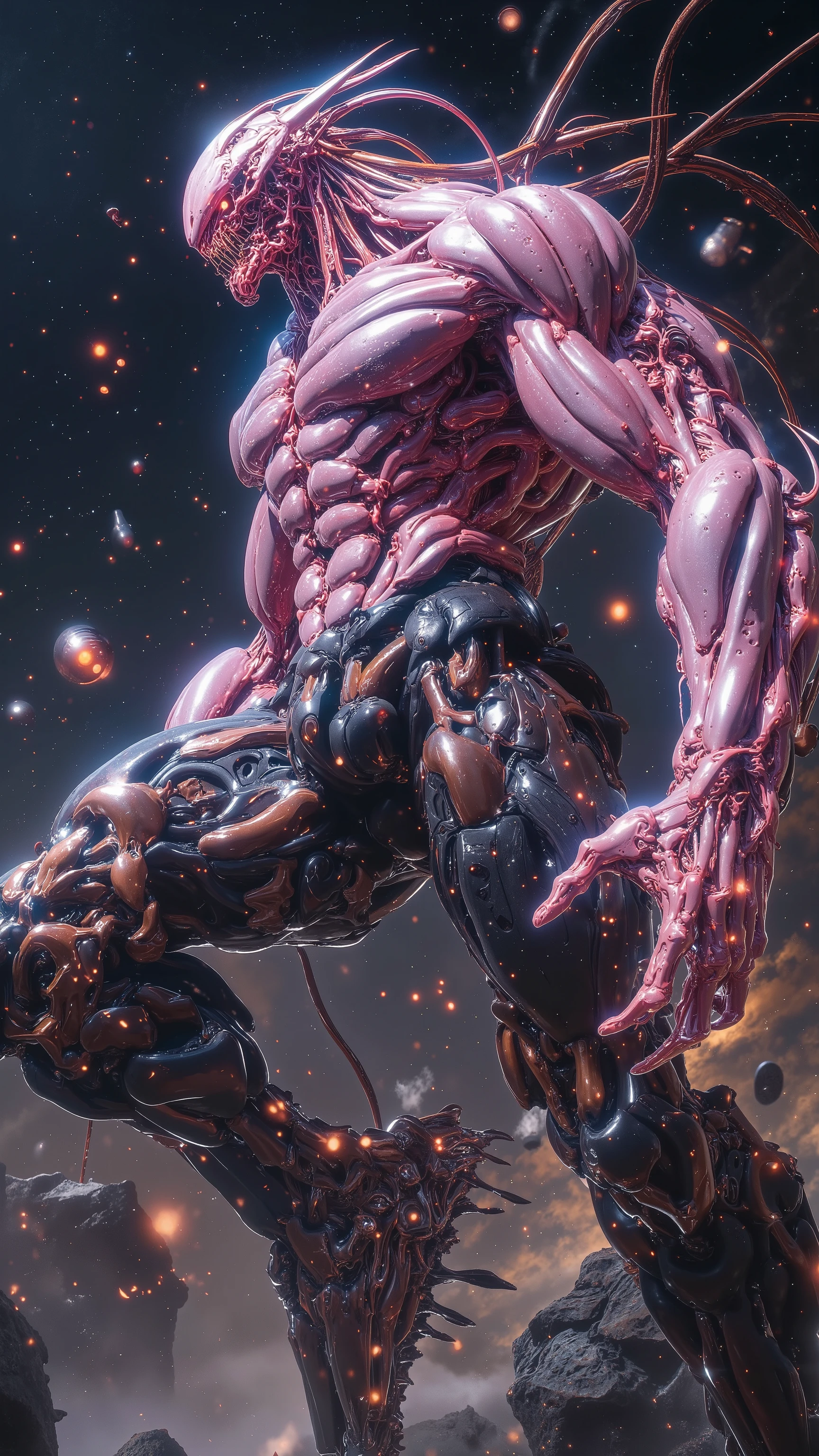 ultra detailed, absolutely resolution, masterpiece, giant humanoid alien from another planet, iridescent pink skin, beautiful form, aggressive and ferocious, flying at incredible speed, sticky, viscous substance, galaxy, scattered meteorites, highly detailed, sharp focus and contrast, extremely clear image, 2.5D, artistic photography, hyper realistic, effects magic, shading effects magic, lighting effects magic