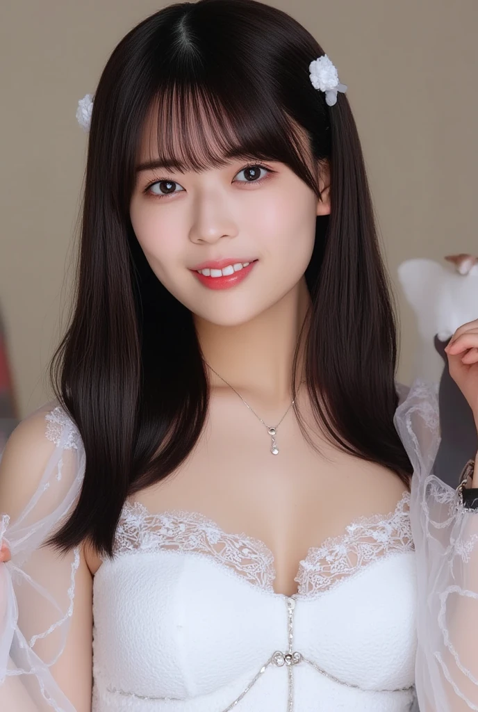 8K, Ultra-high resolution, Highest quality, masterpiece, 三分割法によるphotograph,Surreal, photograph, 1 girl, (:1.3), pretty girl, Cute face, Beautiful eyes in every detail, 細かくdetailedに,masterpiece,, One Girl:1.2, Japan Female Announcer,Young Wife,whole body、Black Hair、well-groomed eyebrows,Slutty Lip Makeup,1 Woman Standing, ,((White bondage and white gothic lolita)),PenSkirt、Black Stockings,Black high heels,Cute gestures、so beautiful,A carefree smile,Healing the heart,blunt bangs,Looking at the audience、beauty,Long neck、Laugh a little、Please close your mouth and laugh、(((Ideal body type))),A-cup small breasts :2,、Portraiture:2、Perfect Anatomy、鮮明なdetailed、detailed、Surreal、Light and shadow,Strong light