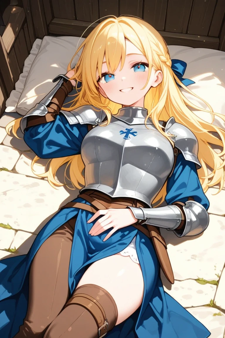 Alice Zuberg, At the bed, Blonde, White hair band, Straddling a man's lower abdomen, Inserting the penis into the vaginal opening, Sperm drips from the vaginal opening, Small breasts, Spread your legs, armor, I'm shocked and crying