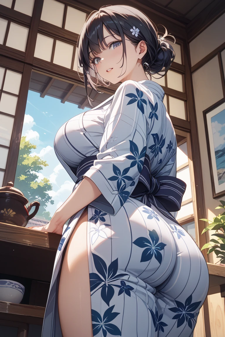 there is woman that squatting on sofa,(((A MILF: 1.4))), (Curvy:1.35),(((light skin))),Curvy physique,, Thick body,((big nipple)),((Completely naked)), (((spread ass under yukata))),((opened yukata)),sakimichan, model in USA,((Sexual suggestiveness)),