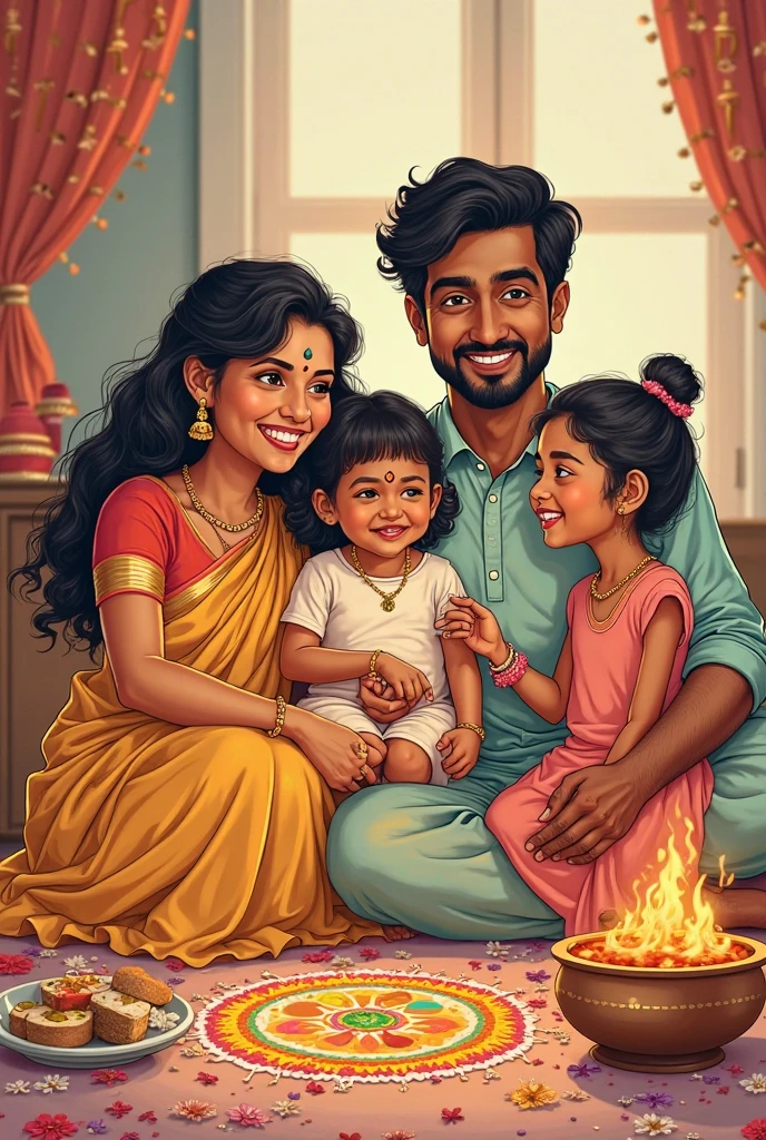 Photorealism A young south indian man with beard and a young south indian woman with their beautiful 1 year old baby girl , there is a photo of the couple on the wall behind which has devi & athul written on it , a cake on the table which says "happy birthday nandhooty"