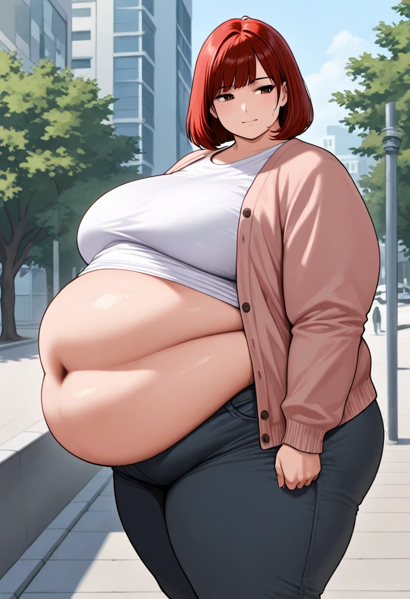 Le personnage Makima de la série animée Chainsaw Man, fragile, obésité morbide, ssbbw, pleine longueur (corps entier 1.1.), fond sombre, obscurité, anatomie correcte 1.1, anatomie correcte de la main, Très féminin, corps gras et rond, grosses Jambes, fesses, beau corps obèse, ventre rond et mou très gras, cheveux roux, Yeux oranges, Cercles rouges pour les écoliers, chemise blanche, jupe noire, cravate noire, pose sexy, réaliste, very détaillé, beau corps, détaillé body, détaillé hands, détaillé, vibrant, détaillé Face, Conception des personnages de Makima. very détaillé, détaillé body, détaillé hands, détaillé Face, Art animé, Hugh Détails, Visage très abattu, détaillé eyes, Illustration ultra fine, Meilleure ombre, détail fin, beautiful détaillé glow, beautiful détaillé, Extraordinairement beau, extremely détaillé, inexpressif, composition épique, Style animé. art animé, Style animé. Jupe noire, chemise blanche, cravatte, pose sexy. Double menton, visage très gras, grosses joues, joues potelées
