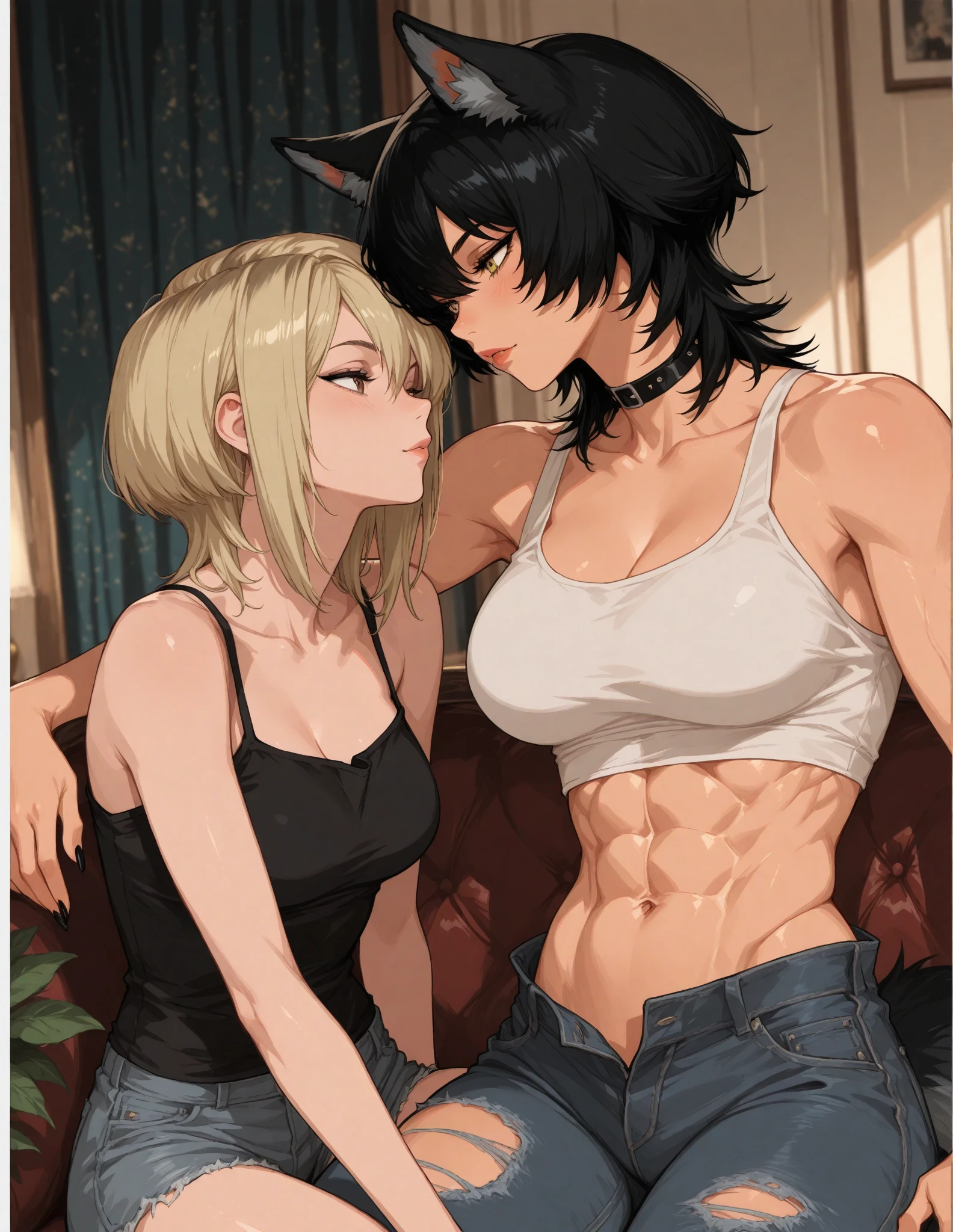 (Masterpiece) (High Detail) (High Res) (Black Skin) Looking from below A young teenage black humanoid girl with dark skin and ebony flesh and green eyes and short black hair and goat ears and short dark goat horns and a toned teen body and average to small breasts dressed in cute pajama pants and shirt in a bedroom