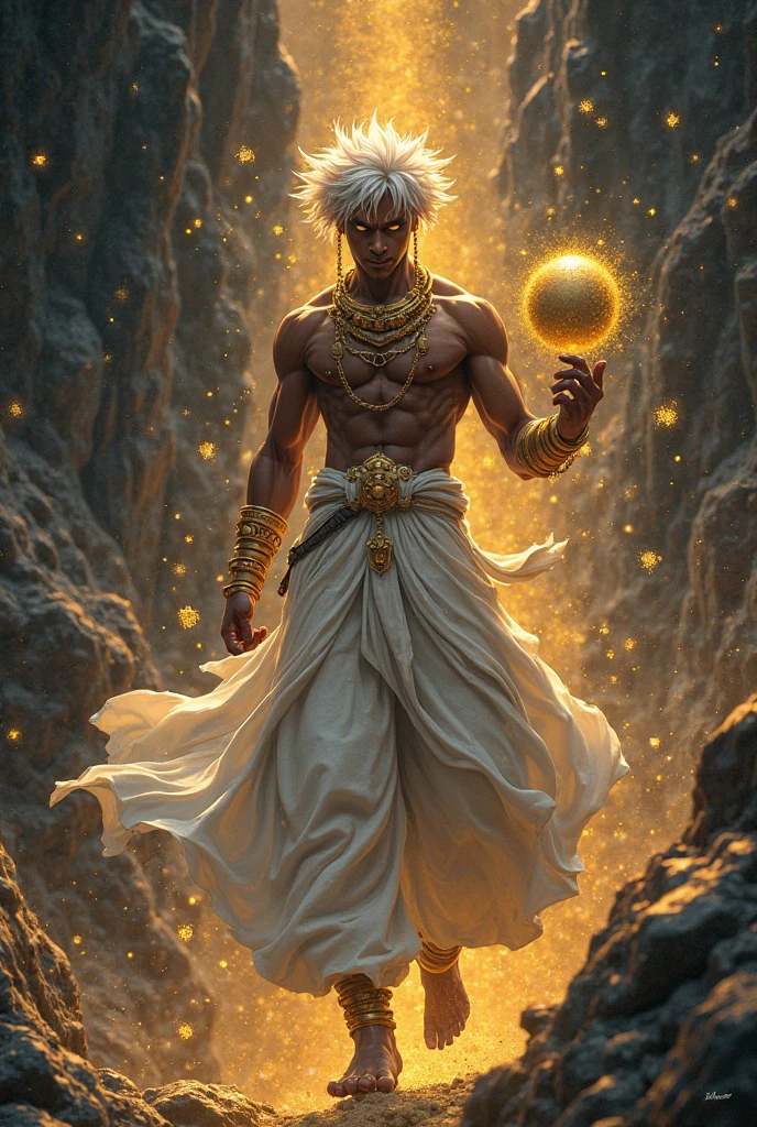 A full body image of a young adult male who is thin, half-heavenly with brown skin, shoulder-length white hair and pupil-less golden eyes, on top of a large golden sickle stuck in the ground. made with anime lines.