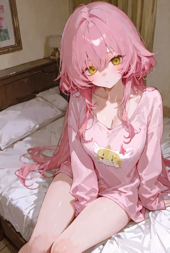 long pink shirt with a kitten drawn on it, no pants with panties showing, long pink hair,short girl, little tits, lying on a sofa, holding the cell phone