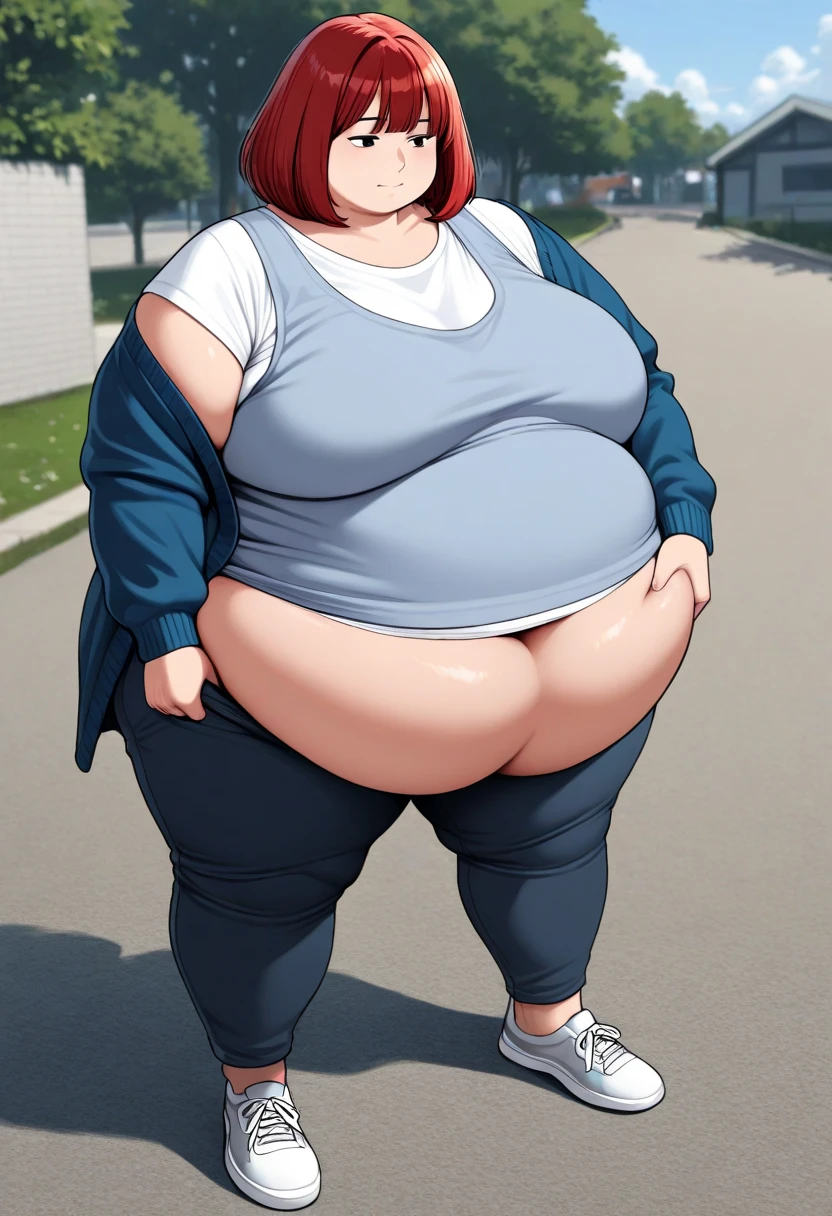 30 years old, woman, solo, medium hair, red hair, bob cut, large breasts, (fat, overweight, obese, big belly), outside, shirt, cardigan, clothed, 3/4 view, pants, relaxed, standing