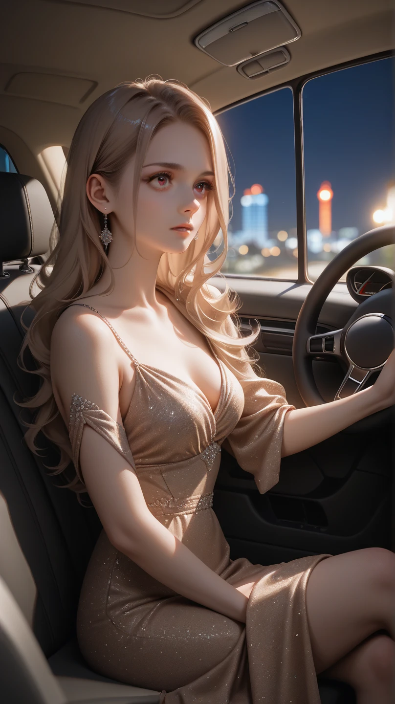 a beautiful girl in a tight dress posing next to a black nissan gtr, hyper realistic, 8k, cinematic lighting, detailed facial features, photorealistic, volumetric lighting, dramatic shadows, highly detailed, intricate details, stunning, exquisite, flawless skin, elegant pose, impeccable fashion, glossy car paint, smooth metallic reflections, depth of field, cinematic framing