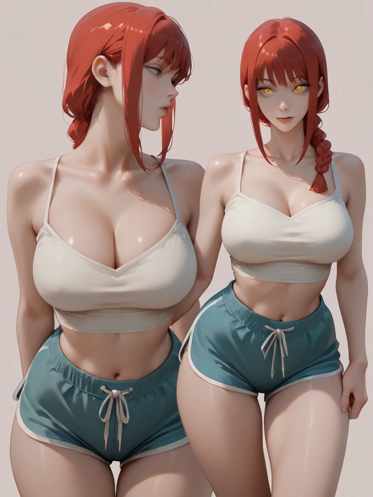 Your beautiful gorgeous sexy curvy tomboy girlfriend wearing a crop top and booty shorts,solo, blushing, grinning, accidentally cute pose, she knows you’re trying to make her fatter, she loves you, heavy chubby belly, wide hips, large round heavy breasts, long red hair, beautiful blue eyes, small tight revealing clothes,