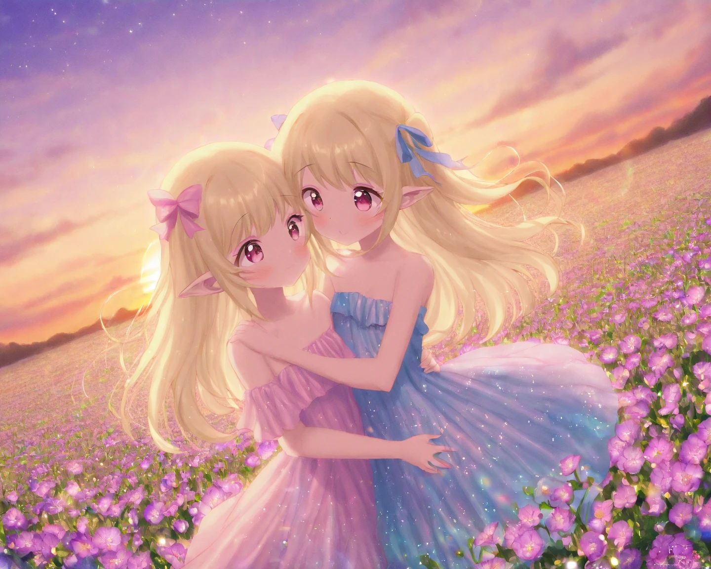 (masterpiece, best quality:1.4), (8K), Young blonde beauty, (((2 girls in love, 18 years old, neat girl))), detailed blue eyes, long eyelashes, blush, kind smile, horny, upper body, topless, small ass, slender thin legs, (looking at viewer), beautiful blonde hair, white-skinned, (side bangs), pigtails, (mushroom forest, celestial forest, beautiful and magnificent pink sunshine, majestic sky), natural light)