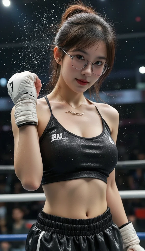 (masterpiece:1.3), (bestquality:1.2), (intricate detailed:1.2), (hyperrealistic:1.2), (Photograpy Professional:1.1), high-detail, illustration,.., scenary, detailed background, Background blur, Focus,Incredibly realistic and beautiful images of a girl wearing a purple tank top...................., Purple shorts,small boobs,Black and white tattoo with a star on the body.,black color twin tails hairstyles, ., Special star tattoo on women's shoulders., With the highest quality of detail and shading...............,,natural light,The backdrop is a boxing ring.................,Sandbags,glove, Sly smile., Make an uppercut punch..,Dynamic Poses,Boxing ring, firelight, Night view, (fantasy:1.2), looking at the audience, Dynamic angle shooting,