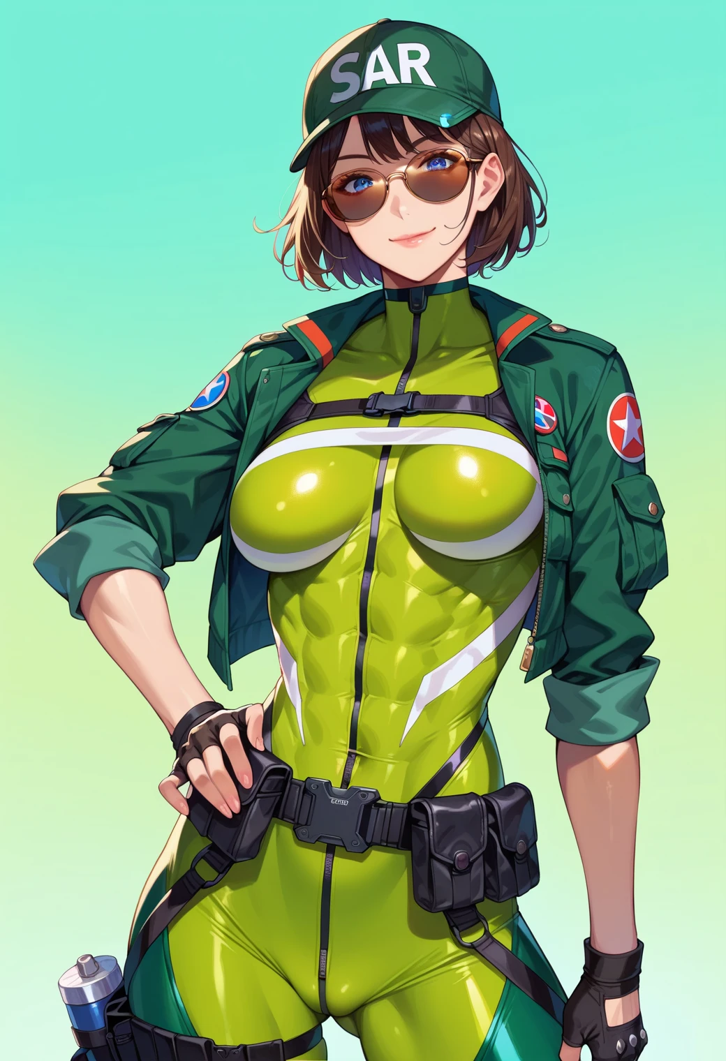 komi shuuko,Slim figure,having fun,Mesh garment,Chest open,Tattooed with,Exposing the abdomen,Cocked buttocks,Fleshy thighs,Carrying a bazooka on his back,Masterpiece,Brilliant sunshine,Ocean Garden,Suspender stockings,Above the sky,Comic cover style,Comic title,tmasterpiece, High- sharpness, high high quality, 详细的脸, detailed body render, 1girll, 独奏, Fishing net clothing, Dark lips, Unzipped jacket, no brassiere, breasts out,