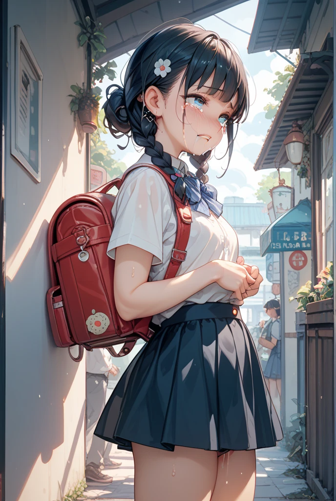 Female high school student in uniform and hair tied back in a ponytail walking on the street with a chopstick house in her hands