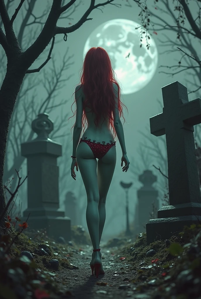 Red haired vampire in graveyard in black bikini 