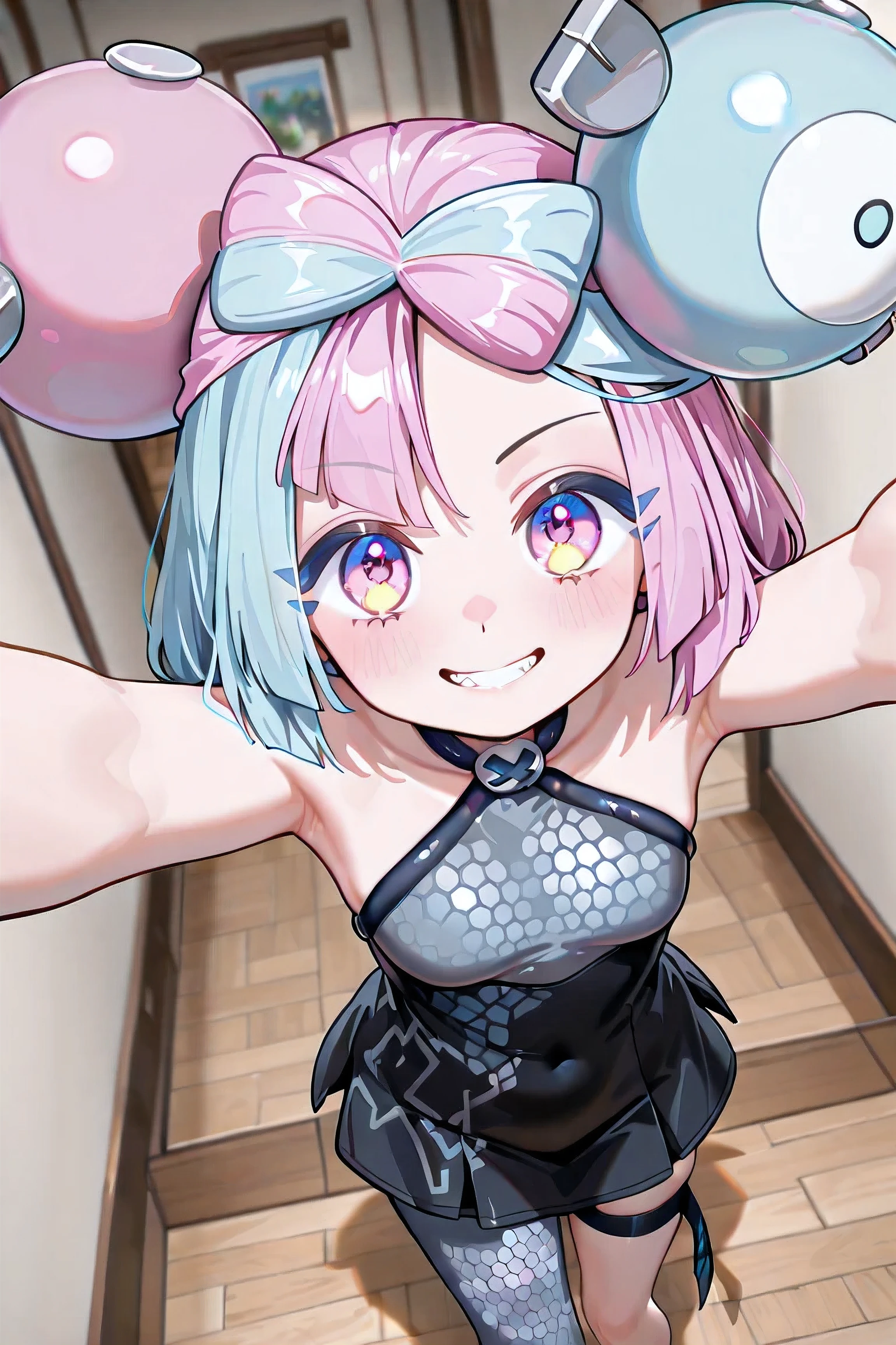 Iono (Pokémon Scarlet and Violet), Little , ((((Just 1 Iono)))), small, flat breasts, short hair, bicolor hair, light blue and pink hair, two-toned eyes, pink and blue eyes, ((falls,)), cheerful smile, extremely detailed face, Anime clothing/jogo, cheomgsam gray checkerboard, short black short, pantyhose on just one leg, extremely detailed clothing, inside the house, seen from above, open arms, in front of the spectator, 4K, Best Quality, obra-prima.