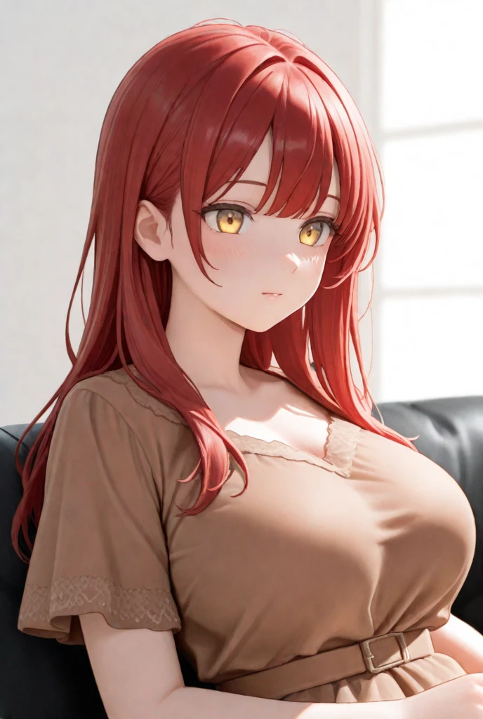 Masterpiece, high quality photography of a beautiful red-haired girl, (oversized_sweater:1.2), (long smooth hair), (detailed face), (green eyes), (fine hands), maximum details, (focus), (soft diffuse light), CANON EOS R3, down shirt, , (bare nack:1.3), dark, large breasts, cleavage, right hand squeezing breasts,