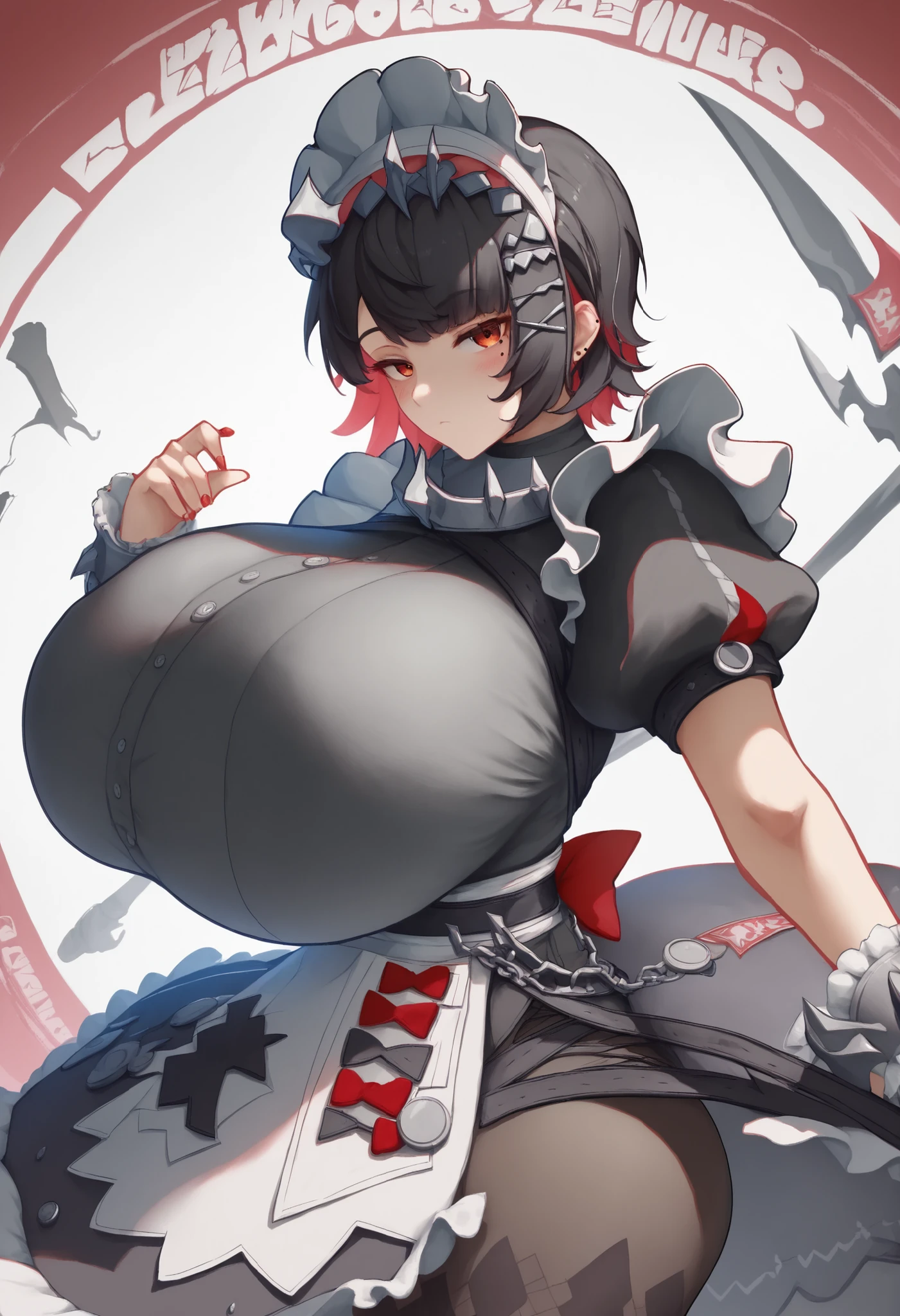 masterpiece:score_9, score_8_up, score_7_up, score_9, BREAK, 1girl,big breasts, solo, looking at viewer, blush, 1girl,ellen_joe,maid_headdress,black_dress,wrist_cuffs,puffy_short_sleeves,mole_under_eye,frilled_dress,black_pantyhose,medium_breasts, breast focus, tall, tall girl, huge breasts, breasts bigger than head, hyper breasts, gigantic breasts, large breasts, thick thighs, wide hips, voluptuous, hourglass figure, sexy pose !!!!, sexy pose !!!!, sexy!!, Dynamic pose!!, posing!!, seductive pose !!!!
