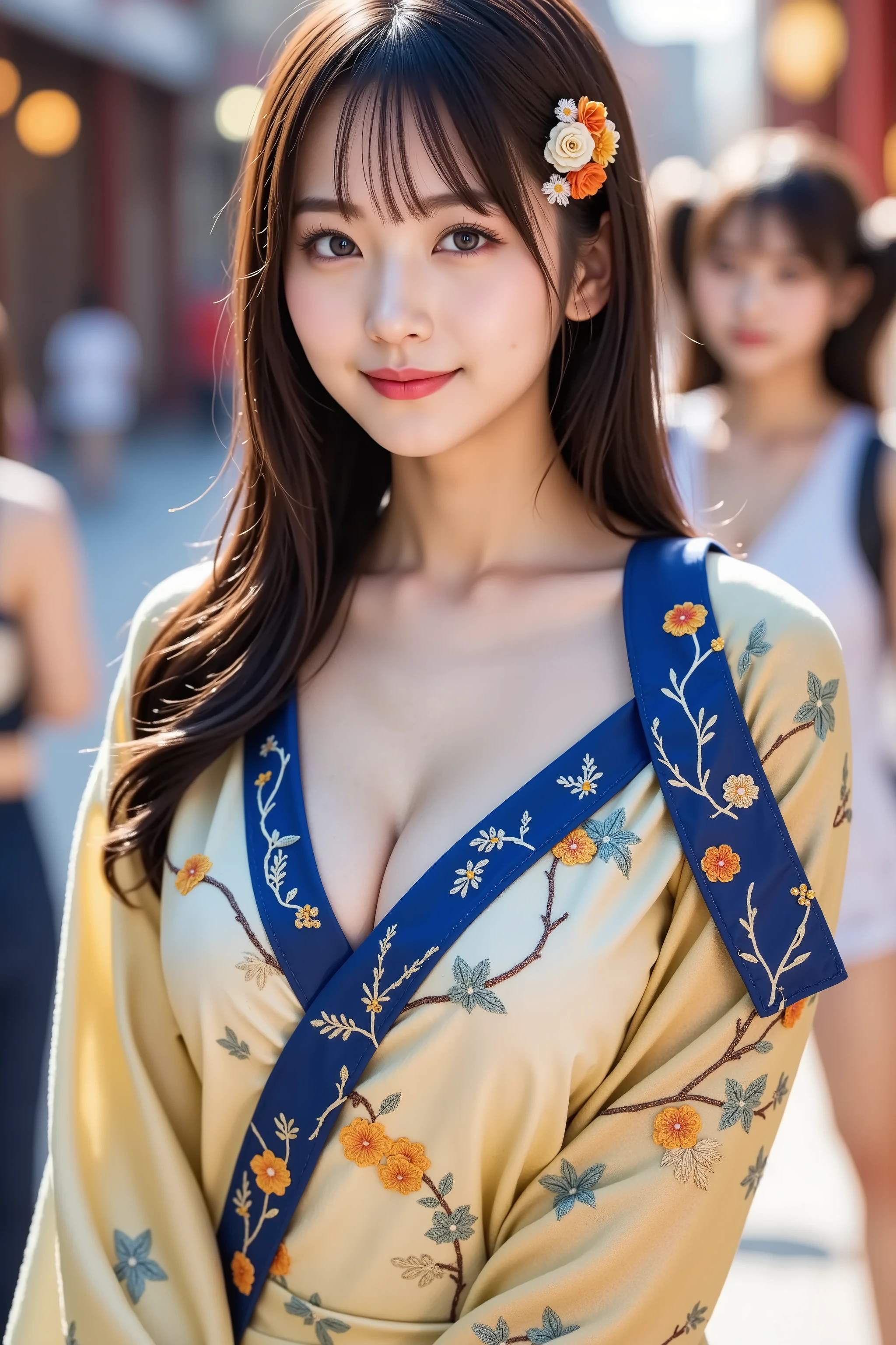 best qualtiy,tmasterpiece,ultra high resolution,(Realism:1.4),RAW photogr,1girll,long hair,Face Highlighting,Pure,Girly,Flushing,18yr old,18-year-old smiling female classmate,Pure,Innocent,(best qualtiy,8K,tmasterpiece:1.3),Goose egg face,largeeyes,long eyelasher,Exquisite(live-action realistic style),((photo full body)), full body shot, Star-like eyes,Ultimate face,Photorealistic light and shadow,Clear facial featureilky white skin,Fair skin, highdetailskin, Realistic skin details, Visible Pore,(Super detail),(perfect bodies:1.1),long whitr hair,(dynamicposes),((Dynamic background((volumettic light:1.3)),Bigchest, deep v big breasts, (medium breast:0.7), showing cleavage, beautiful kimono,liberta,Dashing,Stand under the cherry blossom trees,long leges,geisha, Shunguang