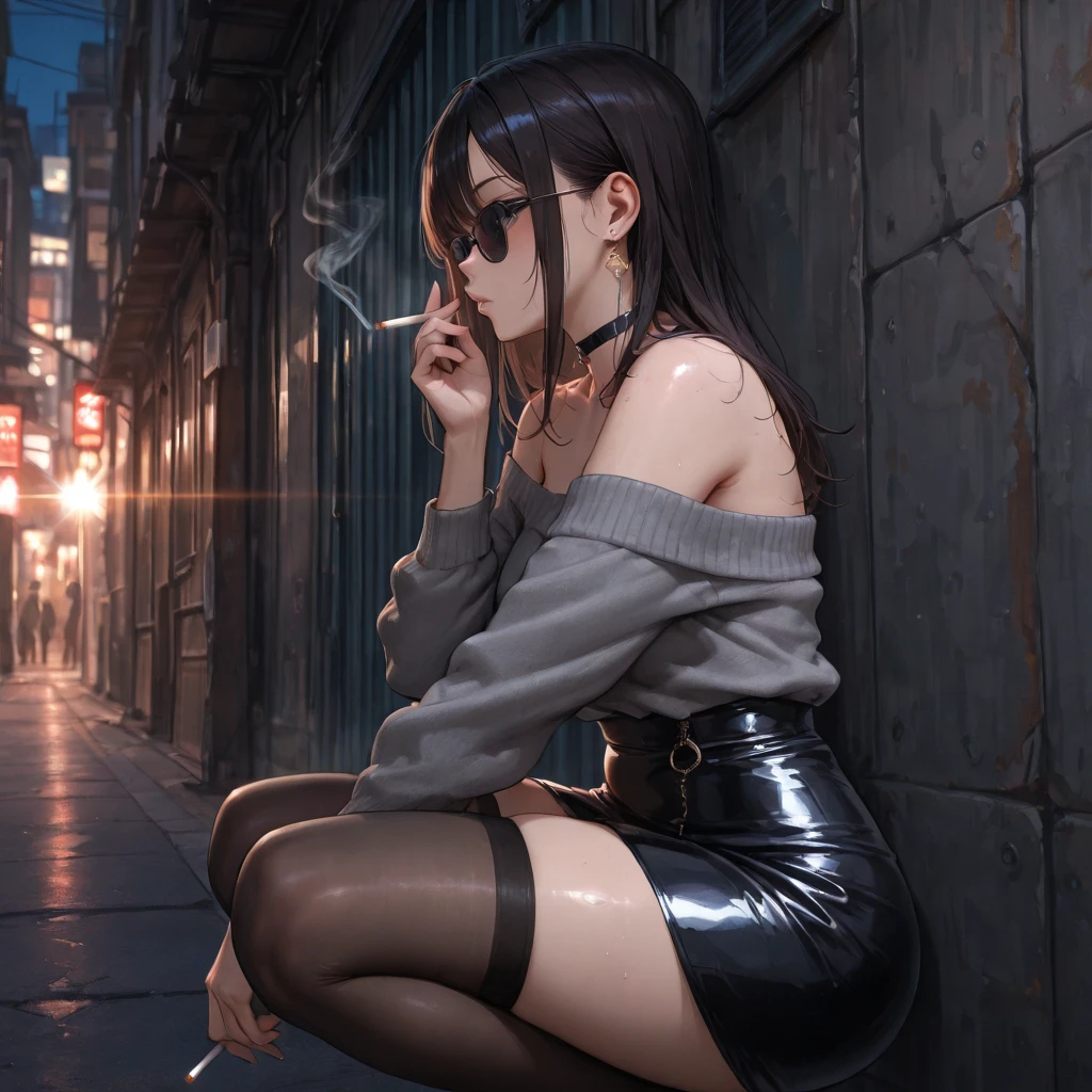 One girl smoking , Character Focus, Close to the audience, Cowboy Shot, From below, Sitting on the street, Raise your knees , Street fashion, (((Panty shot))) , Long black hair, ,White Background, whole body,High resolution,(Incredibly absurd),Anime Visual,Highly detailed CG Unity 8k wallpaper, ((masterpiece)), ((Highest quality)), (Beautiful illustrations), ((Very delicate and beautiful))