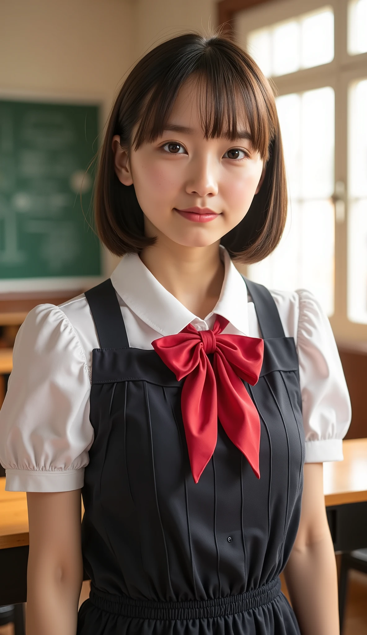 (((Japanese female elementary school student)))(10 year old girl) ((((10 year old girlが一人、solo)))) whole body写真 Full Shot Short Hair A low ponytail whole body Thighs (share) (Dark, tanned skin)Apron dress Private elementary school uniforms Ribbon tie (drop bow knot)cute (smile) Elementary school classroom Shot from between the legs Spread your legs shareを開く Through the gap(Panties)I can see