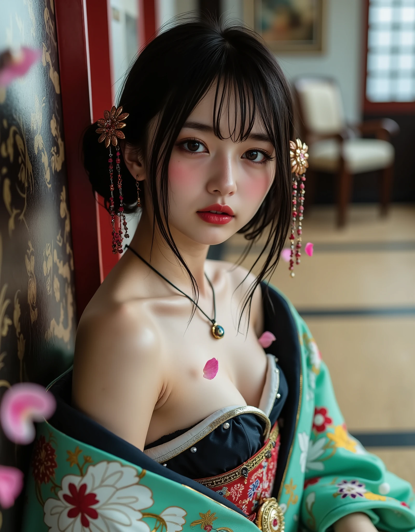 Shukezma, Octane Rendering, HDR, (Ultra Detail: 1.15), (Soft Light, Sharp: 1.2), 1 Girl, Beautiful Girl, Ultra Detailed Eyes, Painting Drops, Paint Teardrops, Woman Made Of Paint, Fully Painted, Sprat, Splash, Long Colored Hair, Kimono Made from Paint, Ultra Detailed Textured Kimono, Paint Kimono, Paint Light Bulb, exposed cleavage, sexy, paint drop, indoors, exposed shoulders, tears, sexy, shoulders visible, thigh exposed, half naked, focus on face, beautiful face, eye shadow, black eye contour, Japan face, , Japan girl, mascara, beautiful, 18 years old