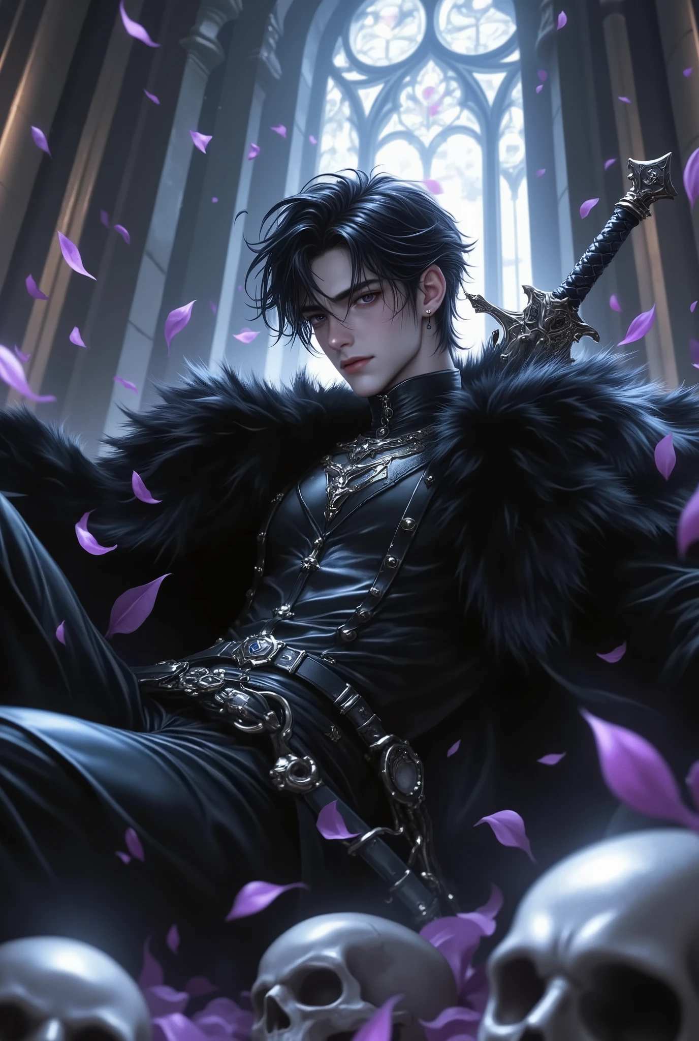 Dark fantasy male warrior in gothic armor, black leather with silver accents, emotional expression, resting amidst skulls and violet petals, glowing light from behind, sword sheathed on back, ethereal cathedral background, fantasy gothic setting, somber atmosphere, beautiful tragic hero, intricate detailing, long lashes, tousled dark hair, highly detailed illustration, anime-inspired art, magical aura, mystical ambiance