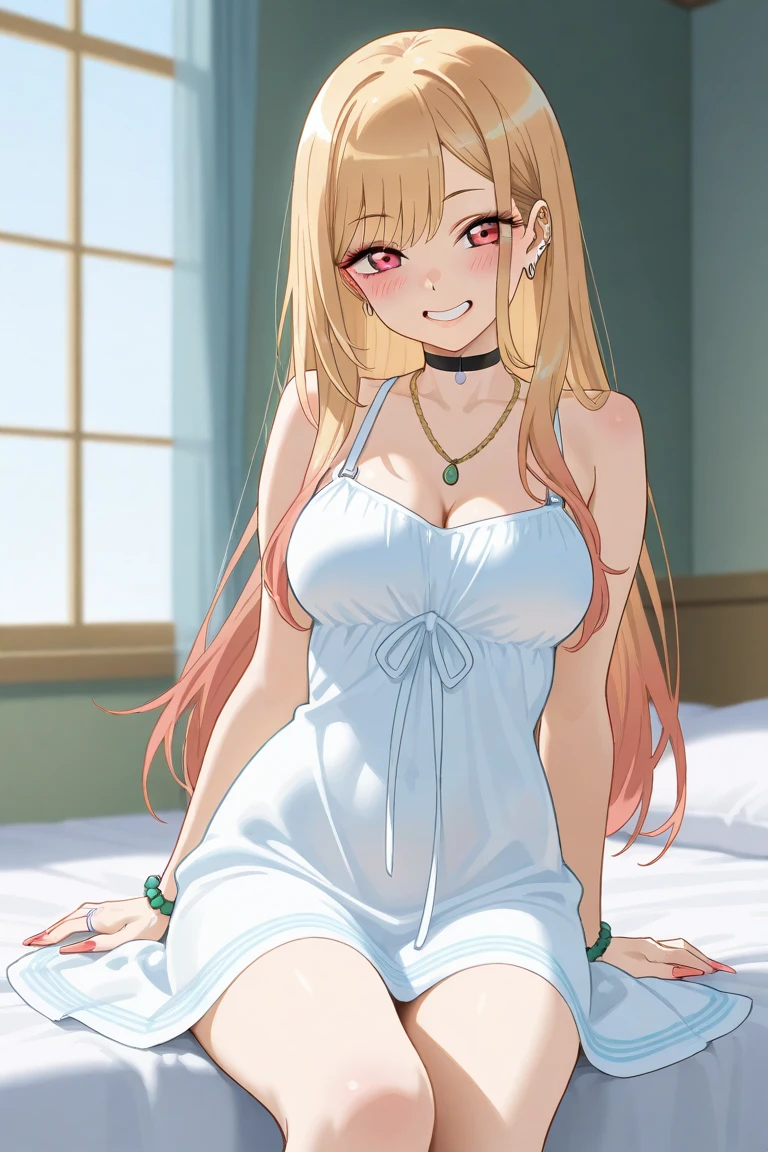 mejor calidad, highres, ultra detailed, carol, drunk, nightgown_outfit, yellow_hair, upper_body, lower_body, very_long_hair, medium_breasts, dowblouse, white_nightgown, transparent clothes,anime, blush, 1girl, milf, bedroom, panties showing, white panties , sexy pose, subduction, panties 
