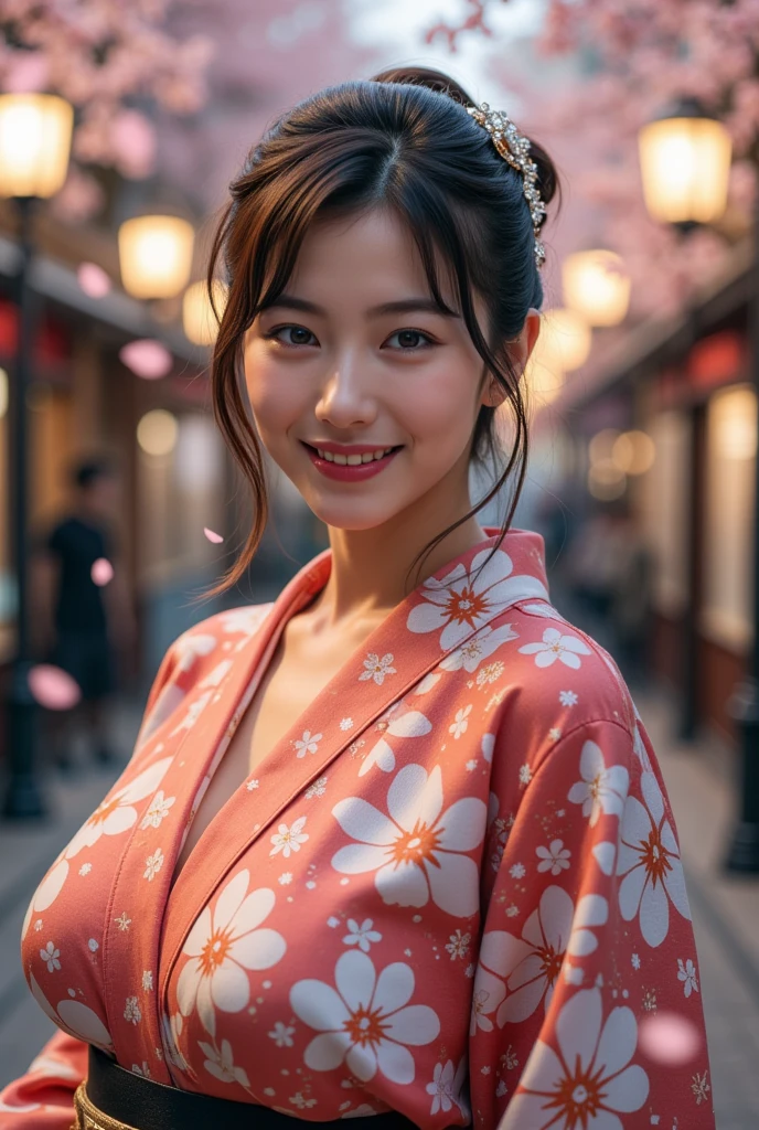 8K,Highest quality,(masterpiece:1.2),(Realistic),(Realistic:1.37),Ultra-high resolution,One Young Woman,((smile)),night,Big Breasts,Beautiful Eyes,(((Fireworks display))),(((night))),(((yukata))),Perfect body,Perfect Fingers,Professional Lighting,gravure,Detailed face and skin texture,fine grain,RAW Photos