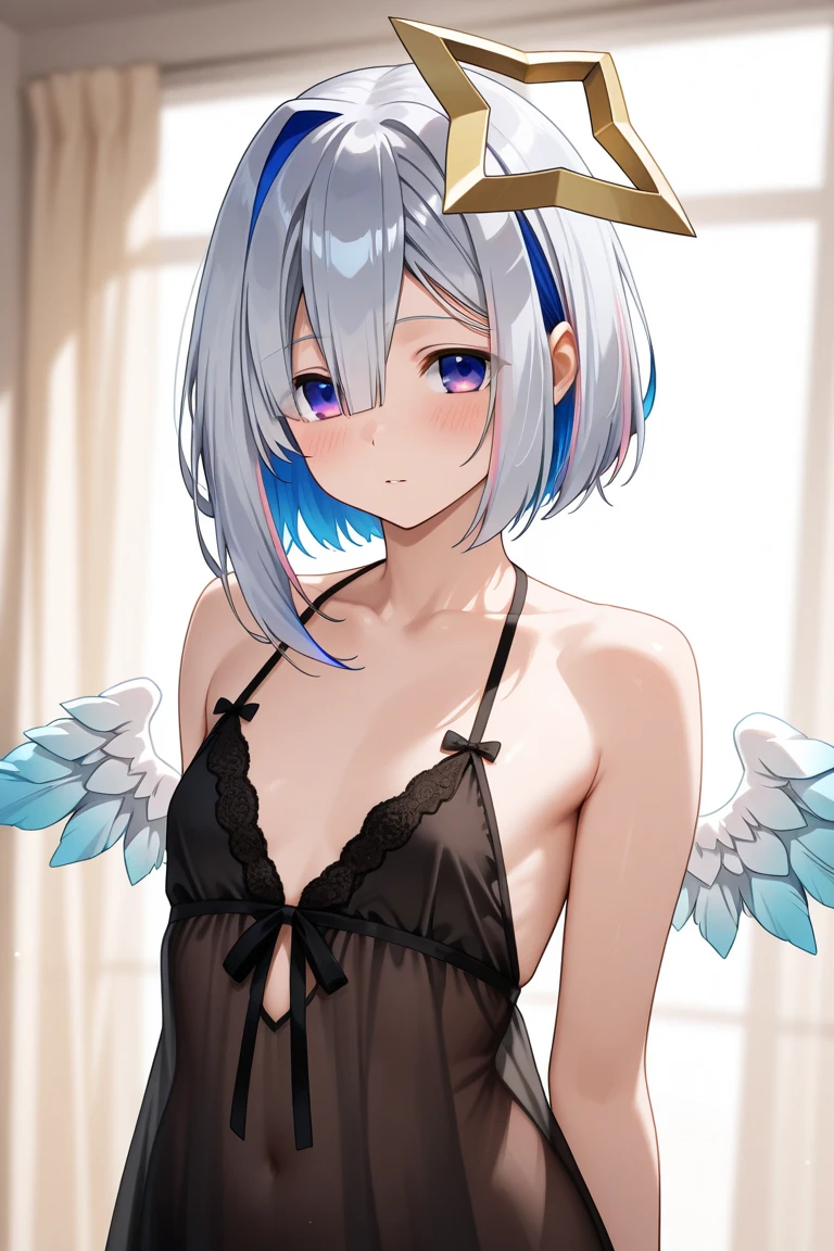 beautiful, masterpiece, Highest quality, anime, One girl, C Cup,Portrait Shot, View your viewers, Intricate details,>,((Covered、Short Hair、nearby、Blue Eyes、art、、White hair,Blue streaked hair、wallpaper、、white_gloves、hairpin、smile、Angel、Thighs、Halo、Wolf Hair、、lotion、Lying on your back、side、Nipples
