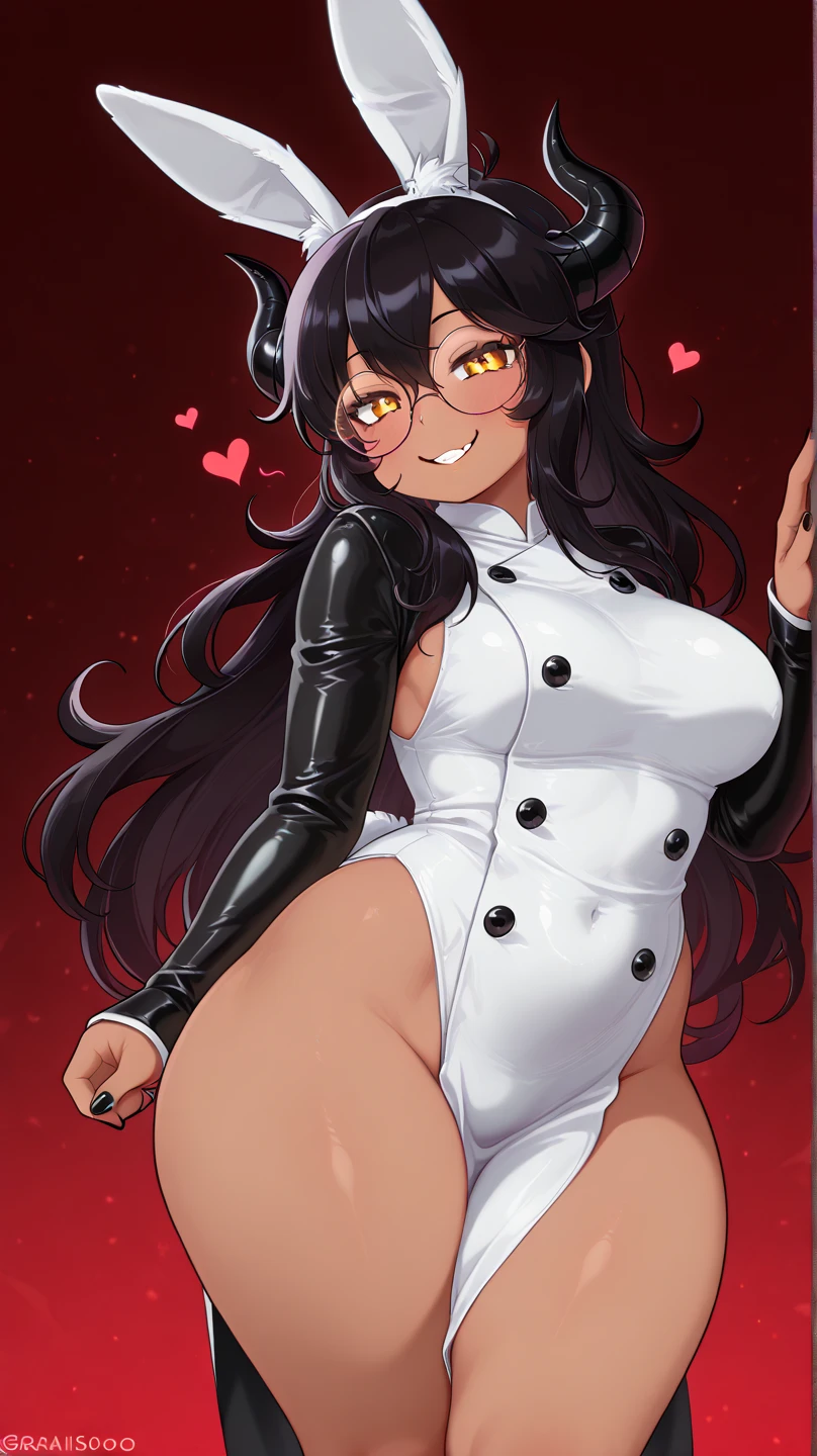 1girl, animal ears, bare shoulders, black leotard, braid, braided ponytail, breasts, choker, cleavage, collarbone, cup, drinking glass, fake animal ears, glasses, large breasts, leotard, long hair, looking at viewer, open mouth, playboy bunny, rabbit ears, rabbit tail, single braid, sitting, smile, solo, strapless, strapless leotard, thighhighs, wrist cuffs, sohn woohyoung,   <lora:tofuubear_artstyle_v2:1>