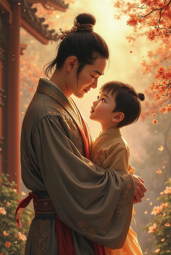 Create an image of a father carrying his son in his arms, for karate class, where the child is dressed in a karate kimono