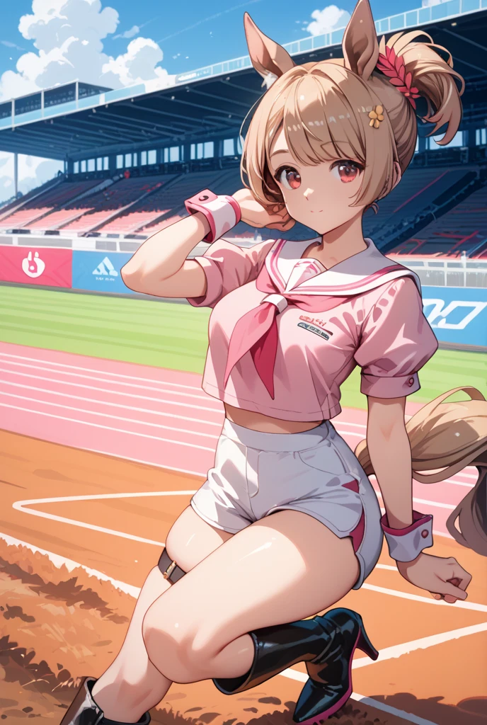 Highest quality, pretty girl, pastel colour, Fluffy bunny ears, Pale pink eyes,Run,Athletics Stadium,,Speed