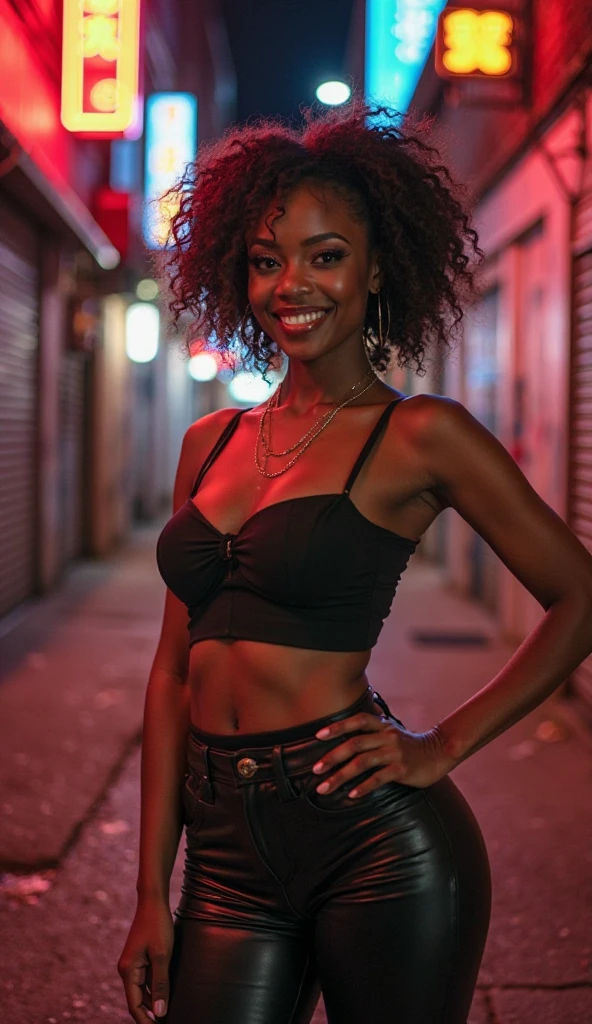 ((Dark African skin, Very deep ebony skin)), ((Its beauty is undeniable)), ((Excited cute face)), ((Hyper detailed perfect eyes,)), ((Pose mignonne)), ((Langue sortie)), ((Seductive )), sexy, (( Tight mesh shirt, shorts courts sexy)), ((African long curly hair afro ponytail,)), (( peau)), ((debout, Vue de face)), ((toucher ses propres jambes dans une pose sexy)), ((dehors, Ville publique)), Sharp Focus CGI, photoreallistic, High detail, Realstic, Masterpiece, absurdes, Best quality, Hdr, High quality, high-definition, Extremely detailed, 8k wallpaper, Intricate details, 8K UHD, Full-HD, (photo realist:1.2), contraste, intense illumination, lighting cinematic, natural lighting, hard light, contre-jour, Illumination globale, occlusion ambiante