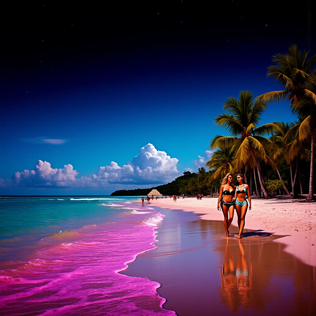 2girls, 22 years old, perky little breasts, loose kimono over nude body, purple and pink flowing hair, island with beach and palm trees, two sexy girls,