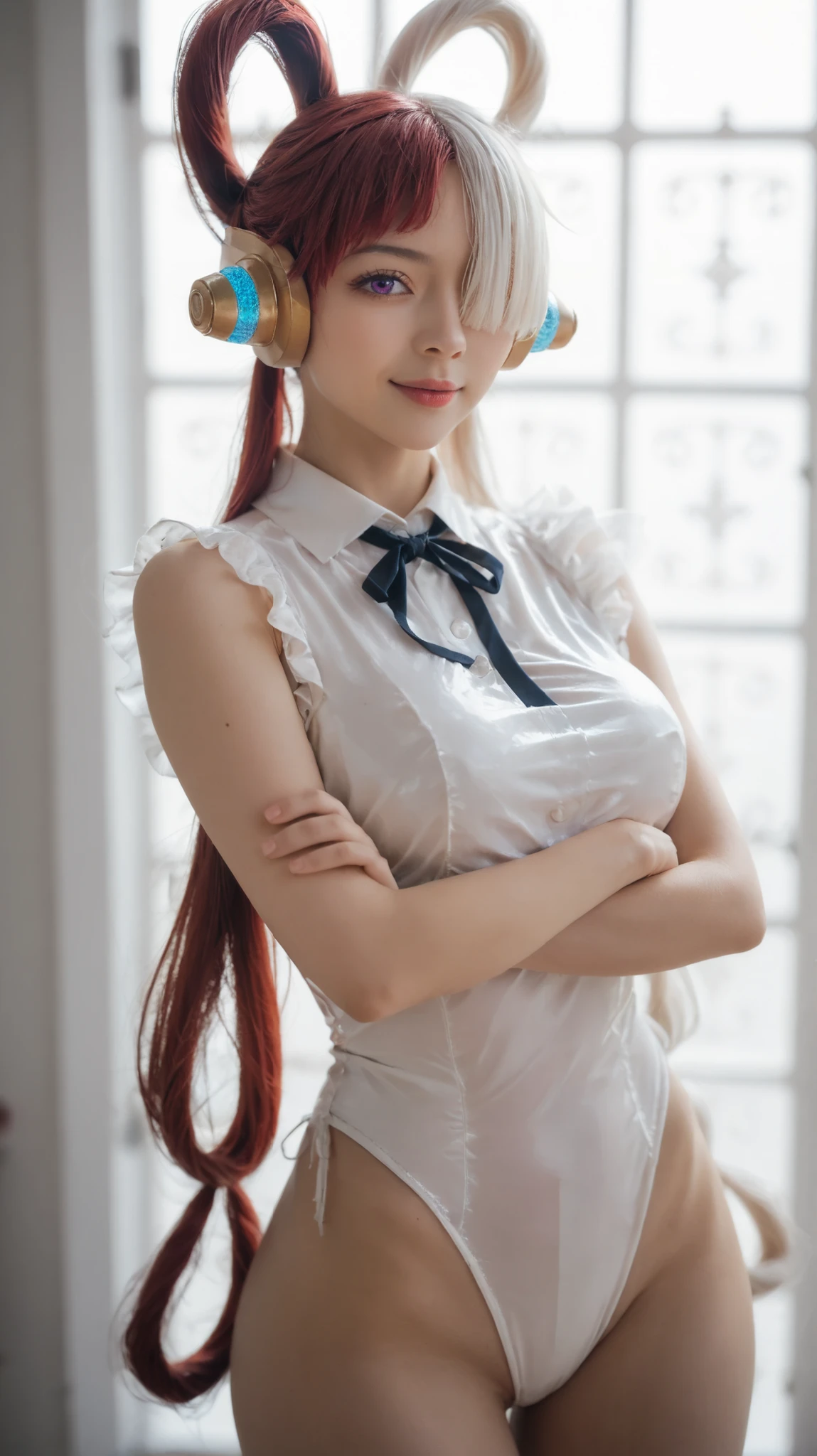 best quality, masterpiece, 1girl, aauta, long hair, split-color hair, hair rings, twintails, headphones, hair over one eye, one eye covered, purple eyes, breasts, white leotard, collared leotard, center frills, bare arms, standing, cowboy shot, crossed arms, :o,, asian, cute, beautiful, (21 years old)