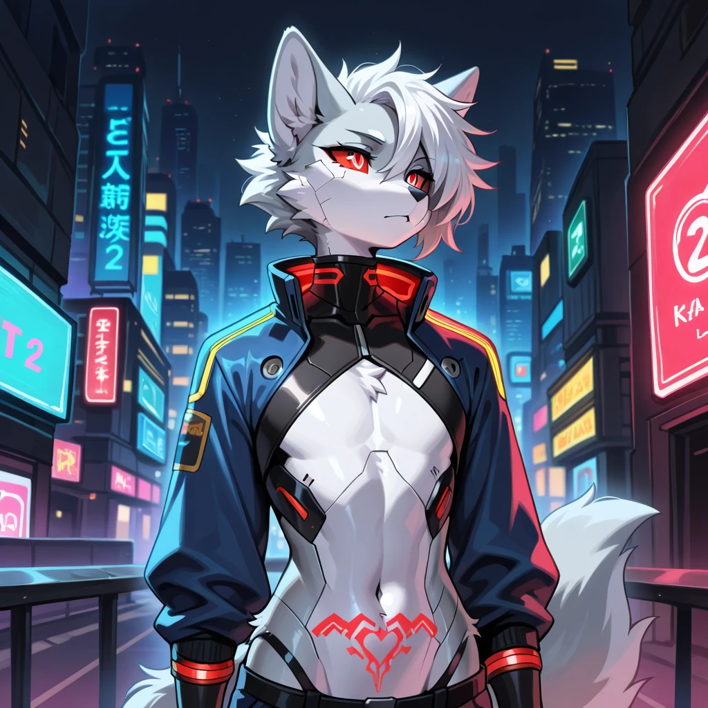 masterpiece, perfect anatomy, solo, 1boy, Furry, kemono, furry wolf, anthropomorphic, male, silver fur, silver skin, red eyes, femboy, cyberpunk clothes, revealing clothes, cyberpunk city, uploaded on e621, Cyberpunk technology. cybernetics,