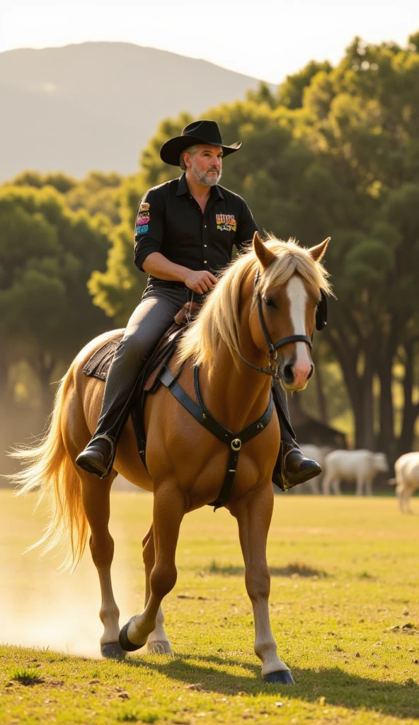 A man with close-cropped white hair wearing a Plaid shirt. He rides a big bull with a muscular body and a ferocious face
